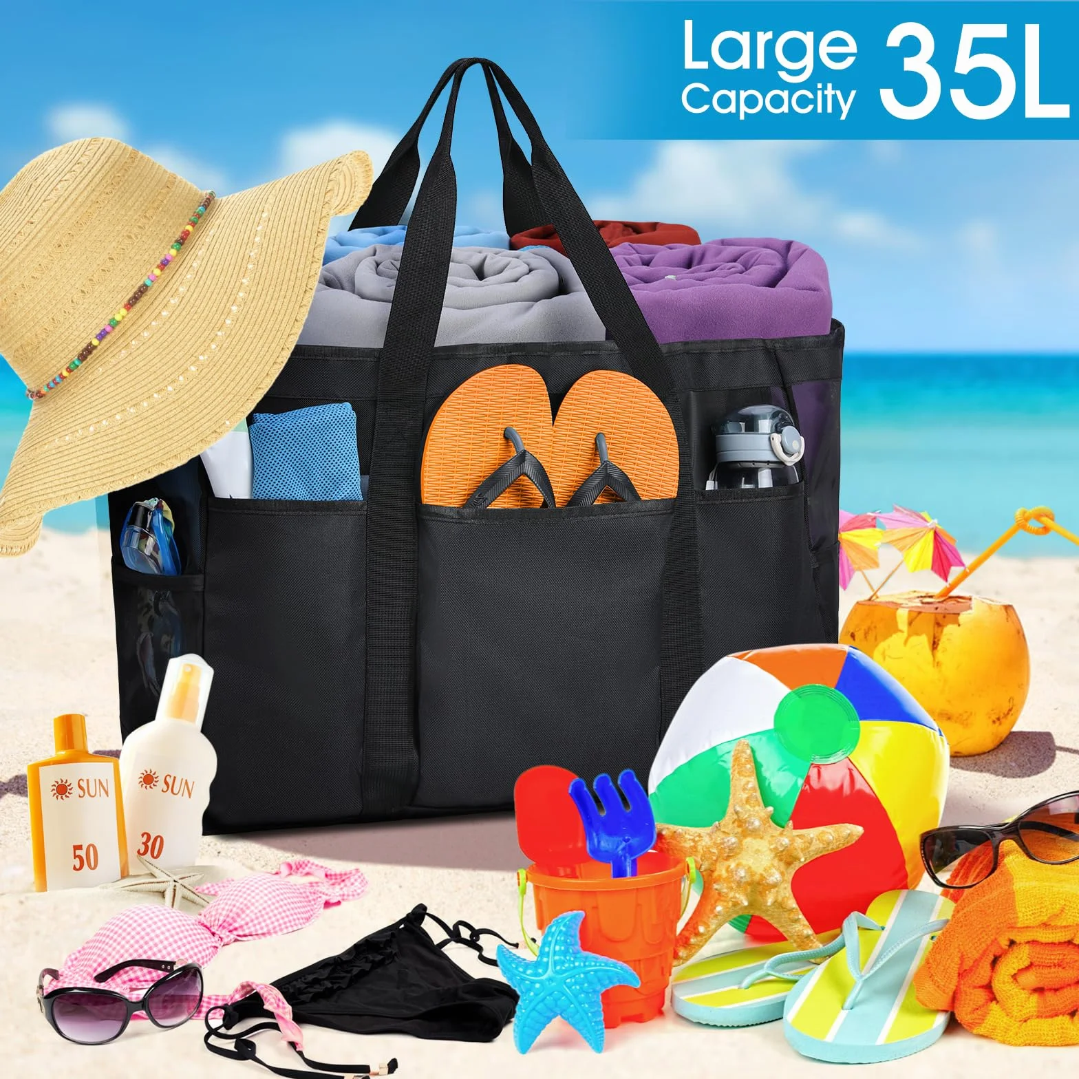 Lubardy Torba plażowa XXL, rodzinna torba plażowa z zamkiem błyskawicznym, duża, z siateczki, składana, na plażę, podróż, do przechowywania zabawek, na siłownię, czarna, czarny, 50 x 20 x 35 cm