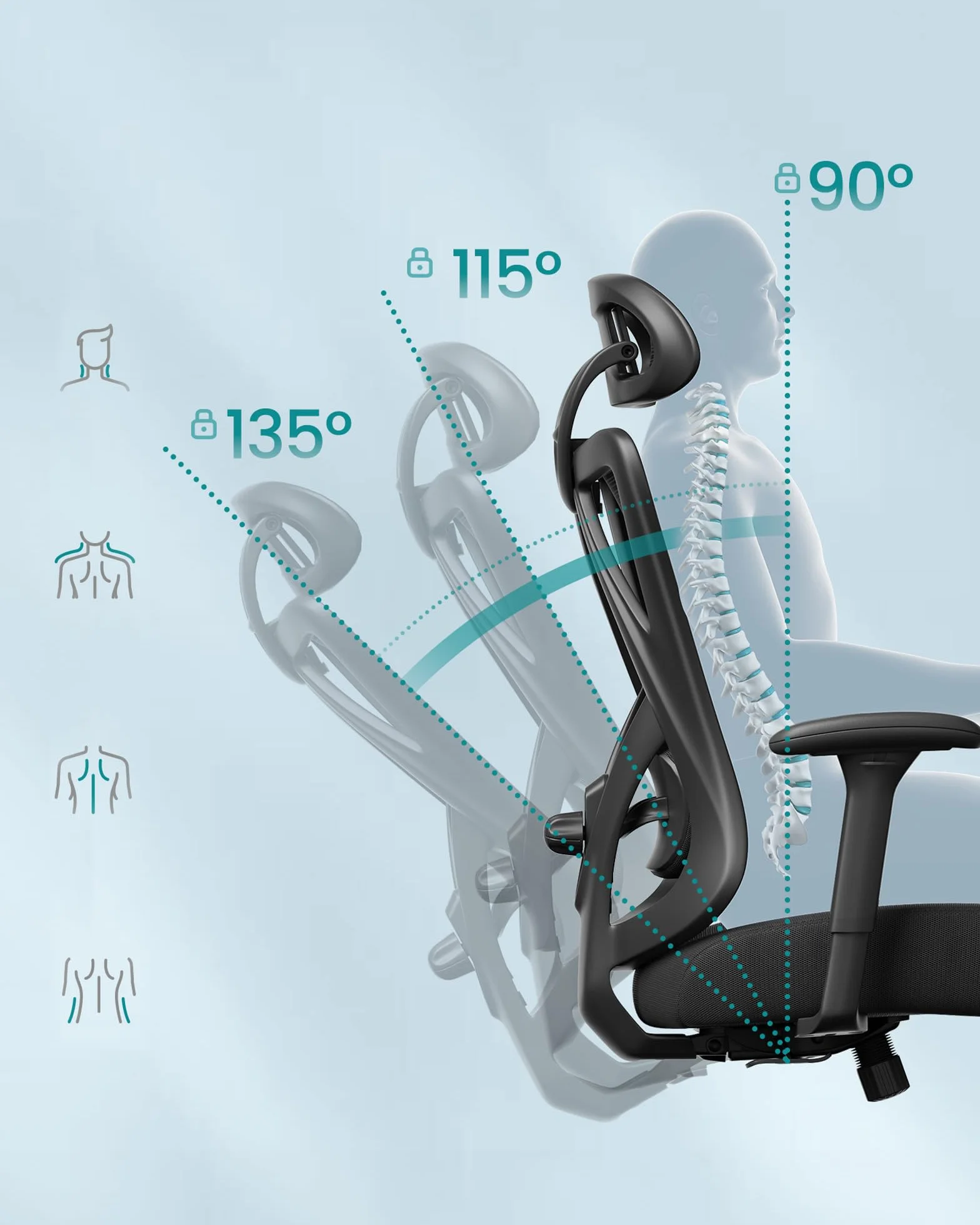 SONGMICS Ergonomiczne krzesło biurowe siatkowe, regulowana poduszka lędźwiowa, nośność 150 kg, czarny