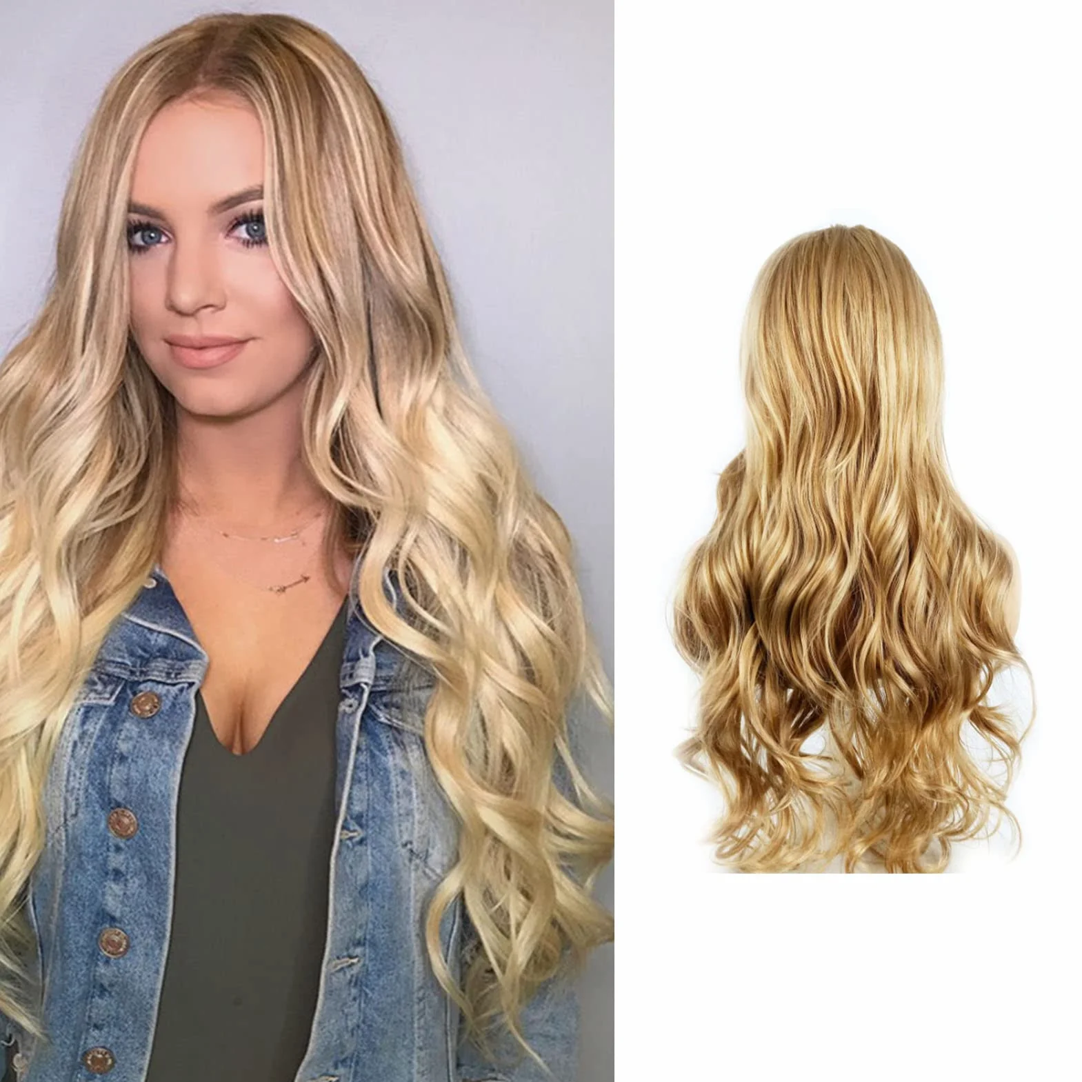 Długie Kręcone Faliste Blond Peruki dla Kobiet, Impreza z Okazji Halloween Przebranie na karnawał środkowe Rozstanie Matowy Blond Falista Peruka Syntetyczna