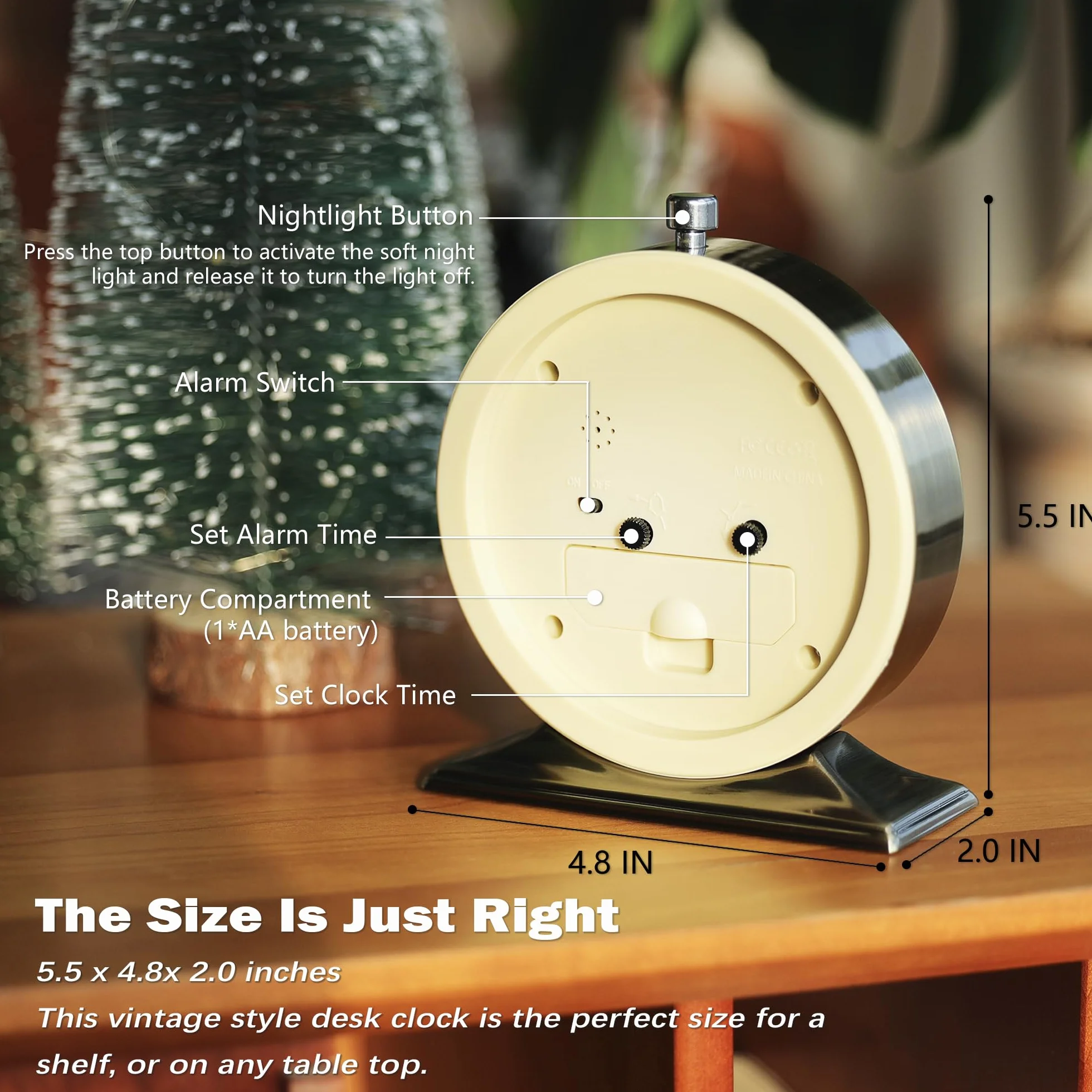 AYRELY® Mały analogowy budzik 10 cm – cichy, zasilany bateriami, vintage, metalowy zegar stołowy z lampką nocną Złoty