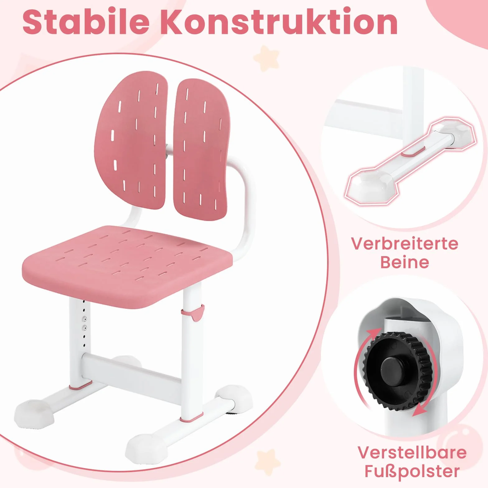 COSTWAY Krzesło biurowe dla dzieci z regulacją wysokości 29,5-37,5 cm podwójne oparcie bez kółek różowe