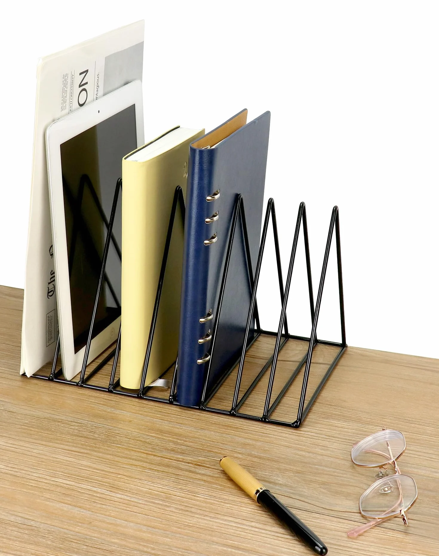QWORK® Trójkątny organizer na książki, stojak na dokumenty, 9 przegródek, stojak na czasopisma, do przechowywania czasopism, książek, albumów fotograficznych, 2 szt
