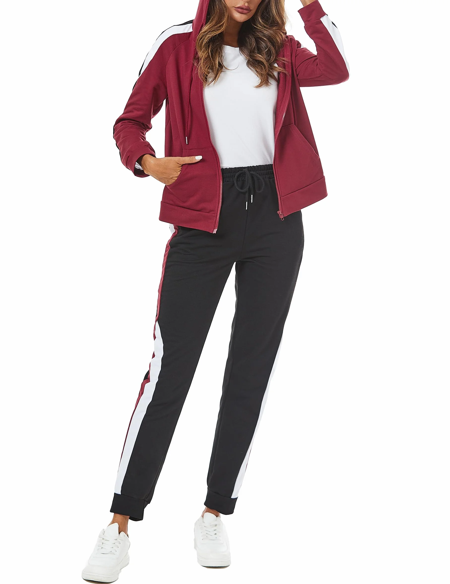 Litherday Dres damski, kombinezon, damski, zimowy, zestaw sportowy, damski, bawełna, bluza z kapturem kontrastowy kolor i spodnie joggery, do fitnessu, joggingu, S-XXL