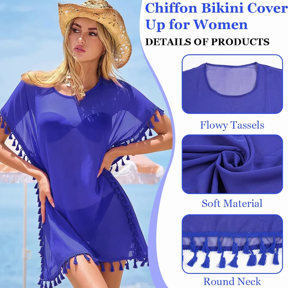 DiULi Bikini Cover up, koszule i zawijane damskie, sukienki plażowe, letnie szyfonowe szal, plastyczne, eleganckie koszule plażowe z frędzlami, luźny styl, lub kołnierz, jeden rozmiar