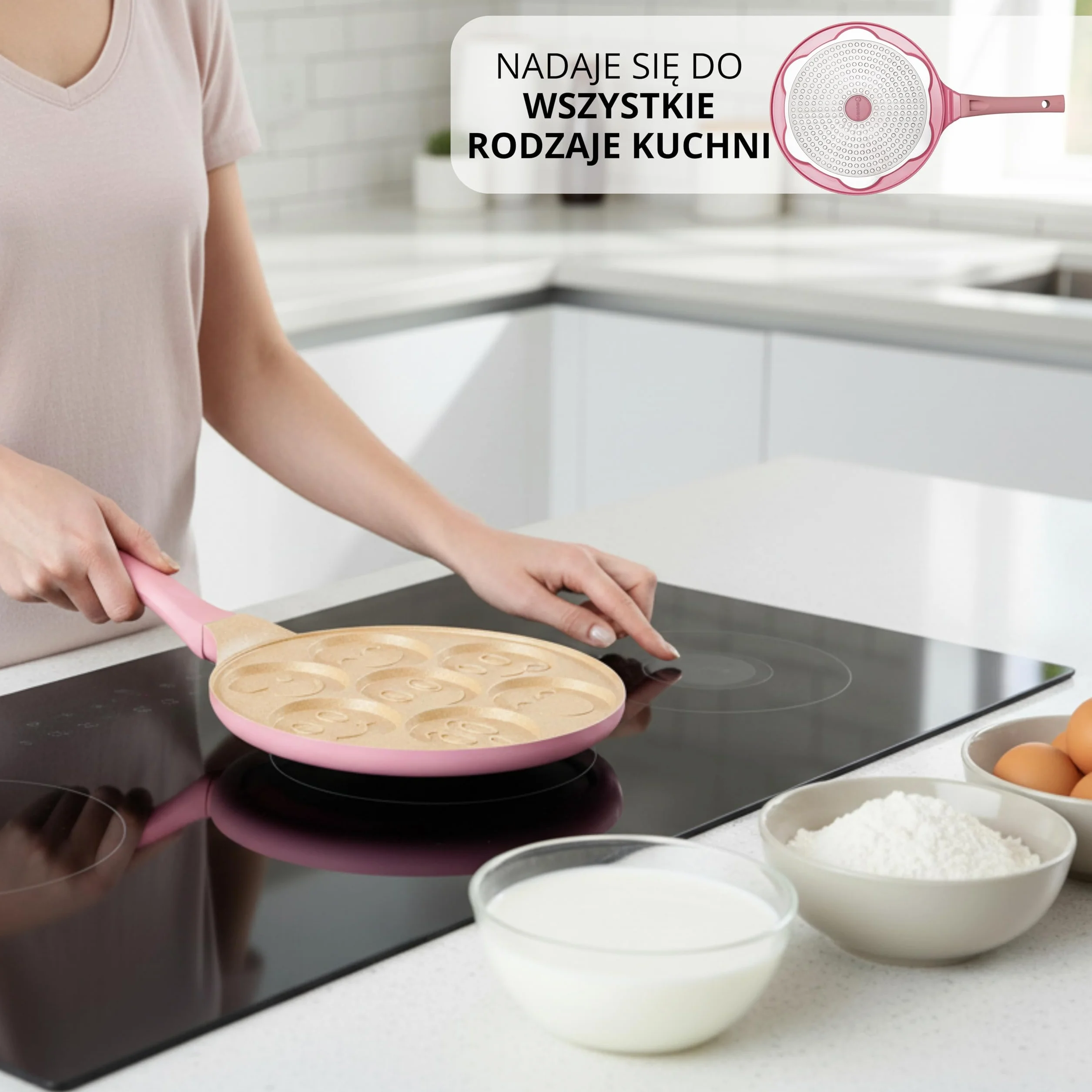 Erreke Patelnia do Naleśników, Patelnia do Crepes, 7 Mini Naleśników Jednocześnie, Podwójna Nieprzywierająca Powłoka, Do Wszystkich Typów Kuchni i Płyt Indukcyjnych, Uchwyt Soft Touch, 26 cm Różowa