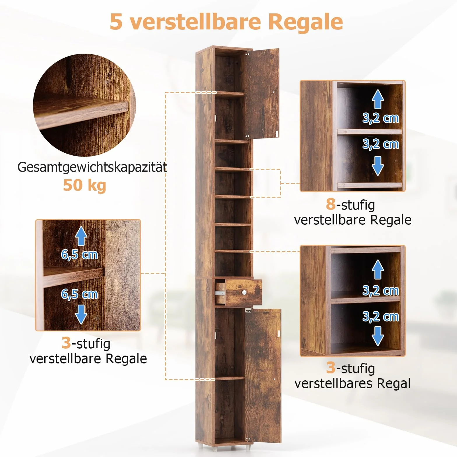 COSTWAY Szafka łazienkowa wysoka wąska z 2 drzwiczkami 1 szufladą regał 20x20x180 cm brązowy