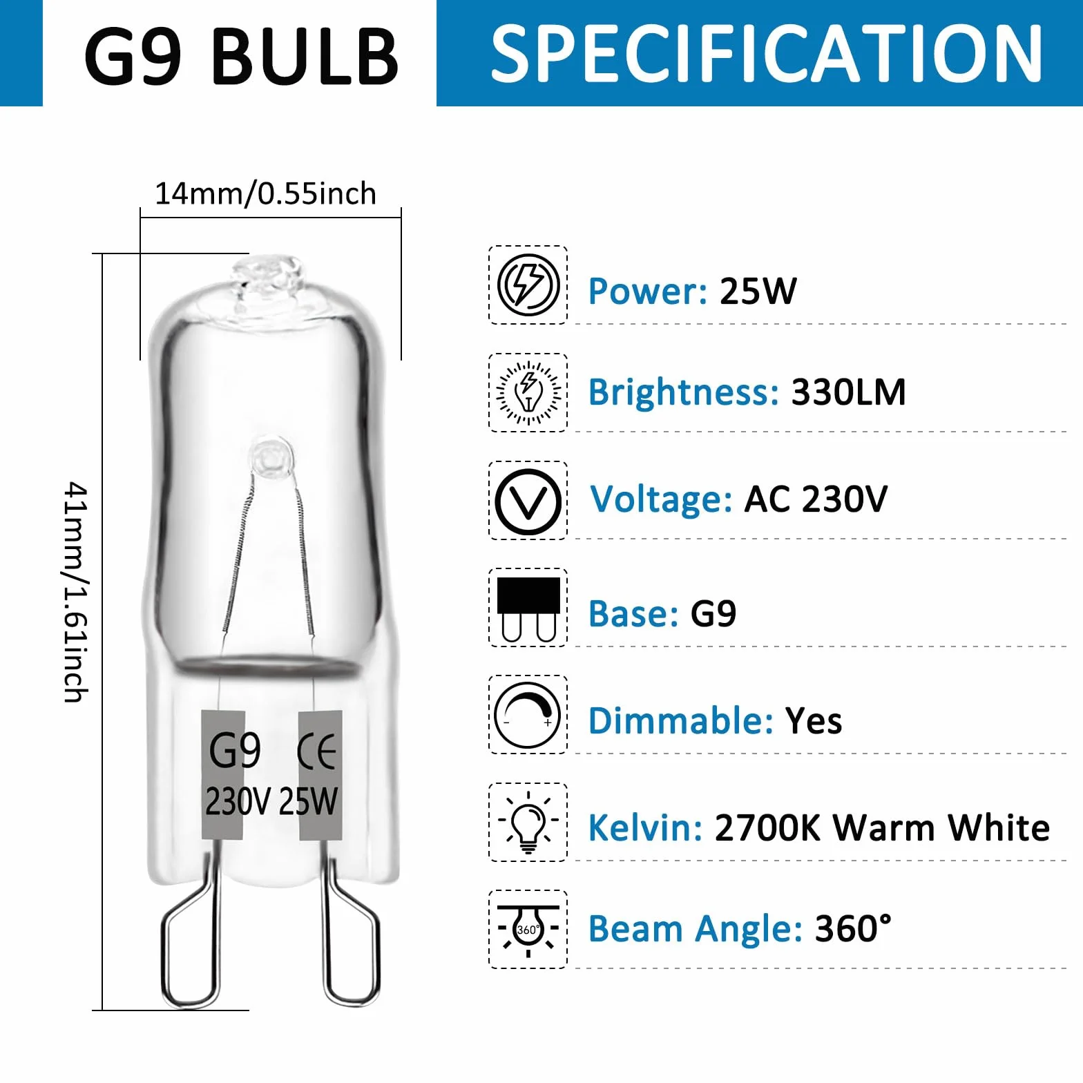 Bombilla Halógena G9 25W 230V Regulable 330LM Blanco Cálido 2700K Paquete de 10
