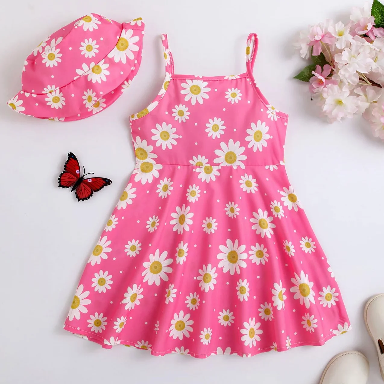Baby Girl Baby Girl Dress Baby Clothing Newborn Daisy Flower Print Ramiączka Okrągły Dekolt Dopasowane Sukienki Sukienki Falbane Lato Małe Dziewczyny, Niebieski/Różowy 6 Miesięcy-3 Lat