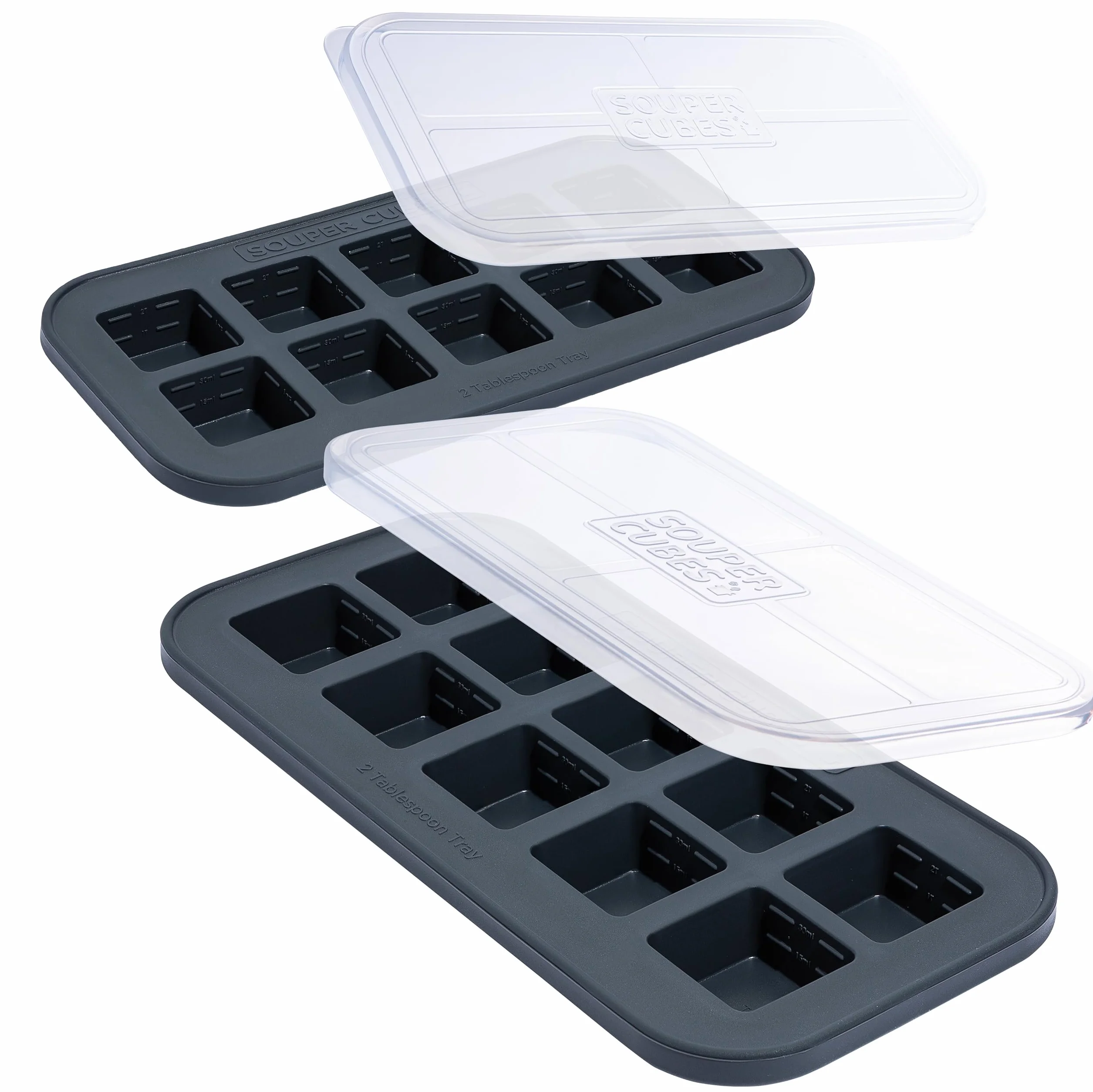 Souper Cubes 2 łyżki stołowe / 28 ml taca do zamrażania z pokrywką, kolor węglowy, opakowanie 2 szt. mrożonej żywności, kostki lodu, żywność dla niemowląt