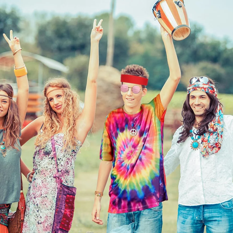 AOOWU Hippie kostium z lat 70-tych - 5 sztuk akcesoriów dla kobiet i mężczyzn z opaską na włosy, okulary przeciwsłoneczne, dyskoteka, karnawał Halloween