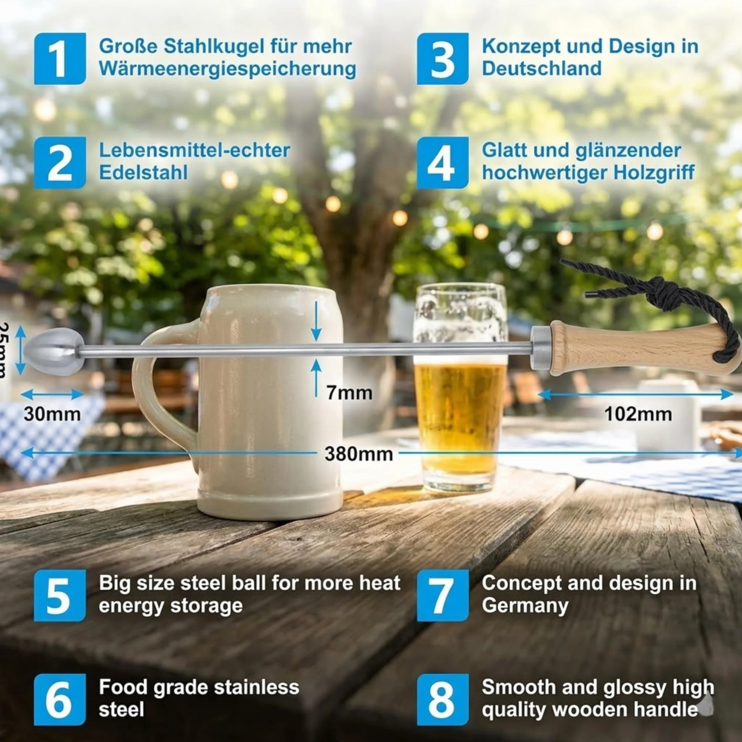 Bierstachel Beerspike Beer Caramelizer karmelizator piwa, podgrzewacz z drewnianą rączką, stal nierdzewna