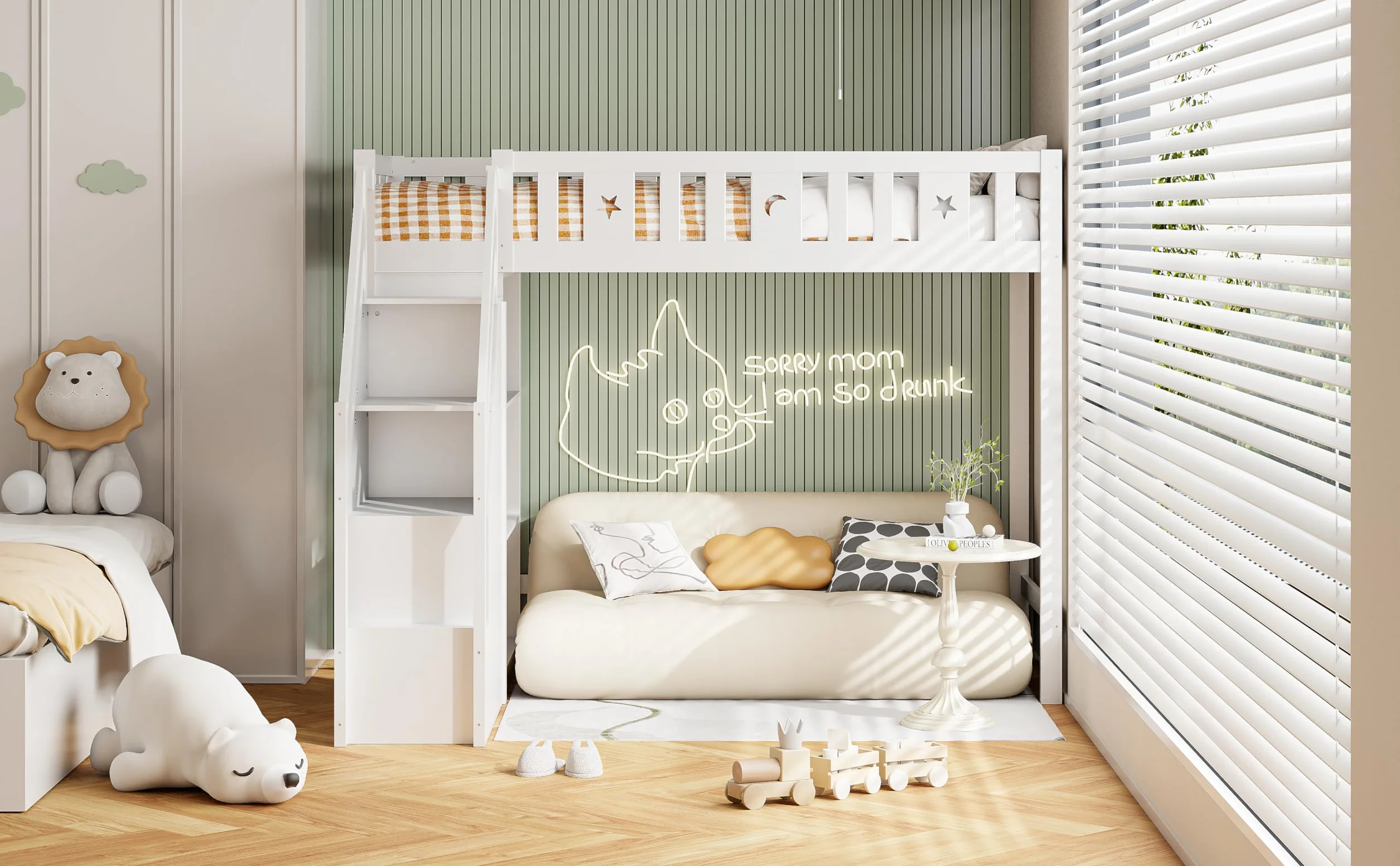 Łóżko piętrowe 90x200 cm z drabinką i półkami, białe, drewniane