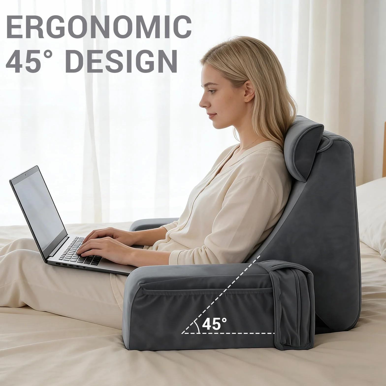 Ergonomiczna Poduszka do Czytania na Łóżko i Sofę, Szara, z Podłokietnikami i Poduszką Głowy