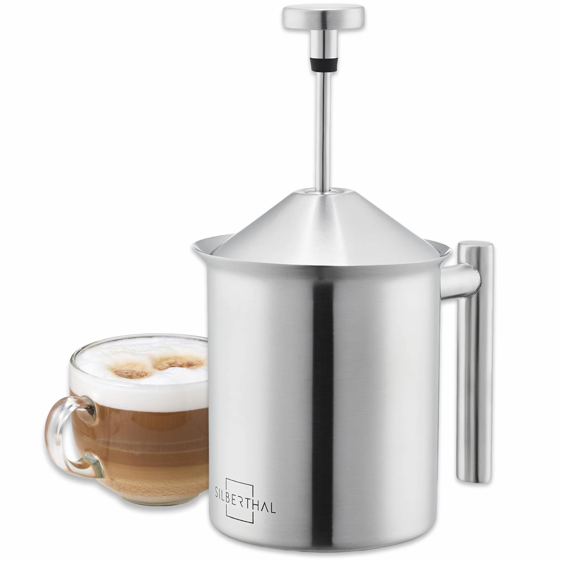 SILBERTHAL Ręczny spieniacz do mleka ze stali nierdzewnej 400 ml - z podziałką skalą - Emulgator Barista Idealna pianka do mleka Cappuccino i Latte Macchiato