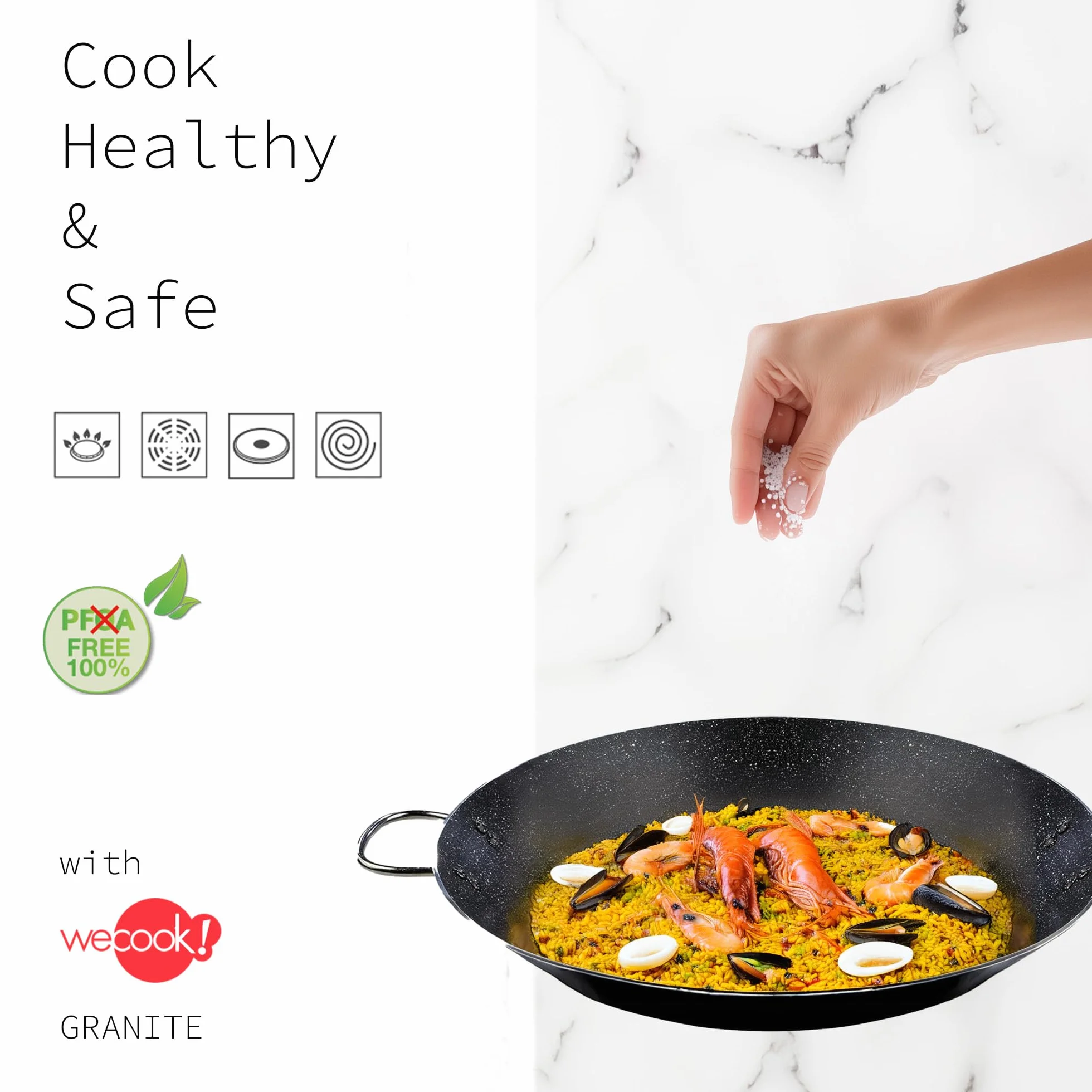 WECOOK! Granit patelnia do paelli indukcyjnej, 42 cm, 10 porcji, aluminium, powłoka nieprzywierająca XYLAN PLUS bez PFOA, grubość 3 mm, nadaje się do wszystkich rodzajów kuchenek, ceramiki szklanej,