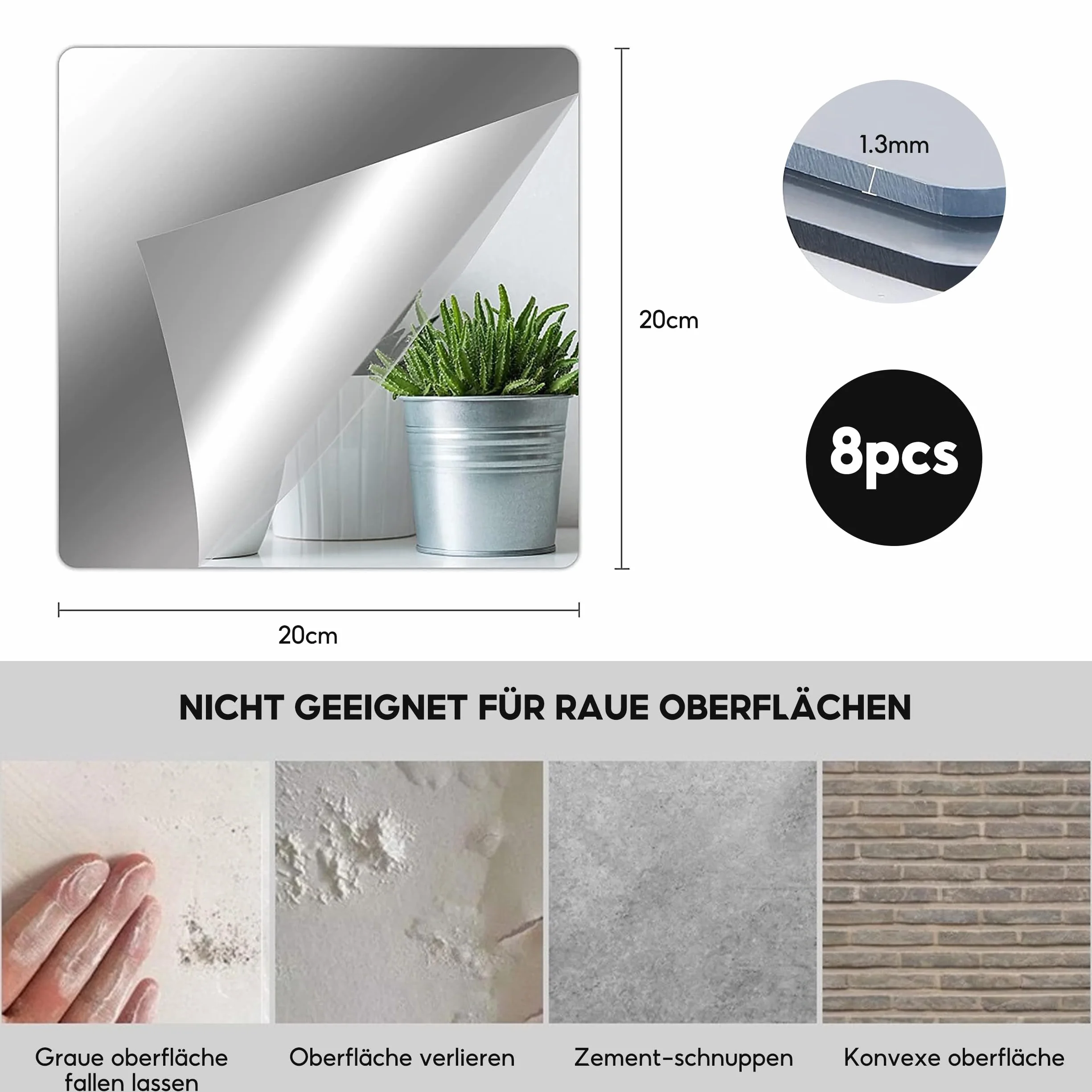 8 sztuk lusterek samoprzylepnych, 20 × 20 cm akrylowe klejone lusterka, lustro ścienne samoprzylepne do przyklejania, klejone lusterko do łazienki i sypialni