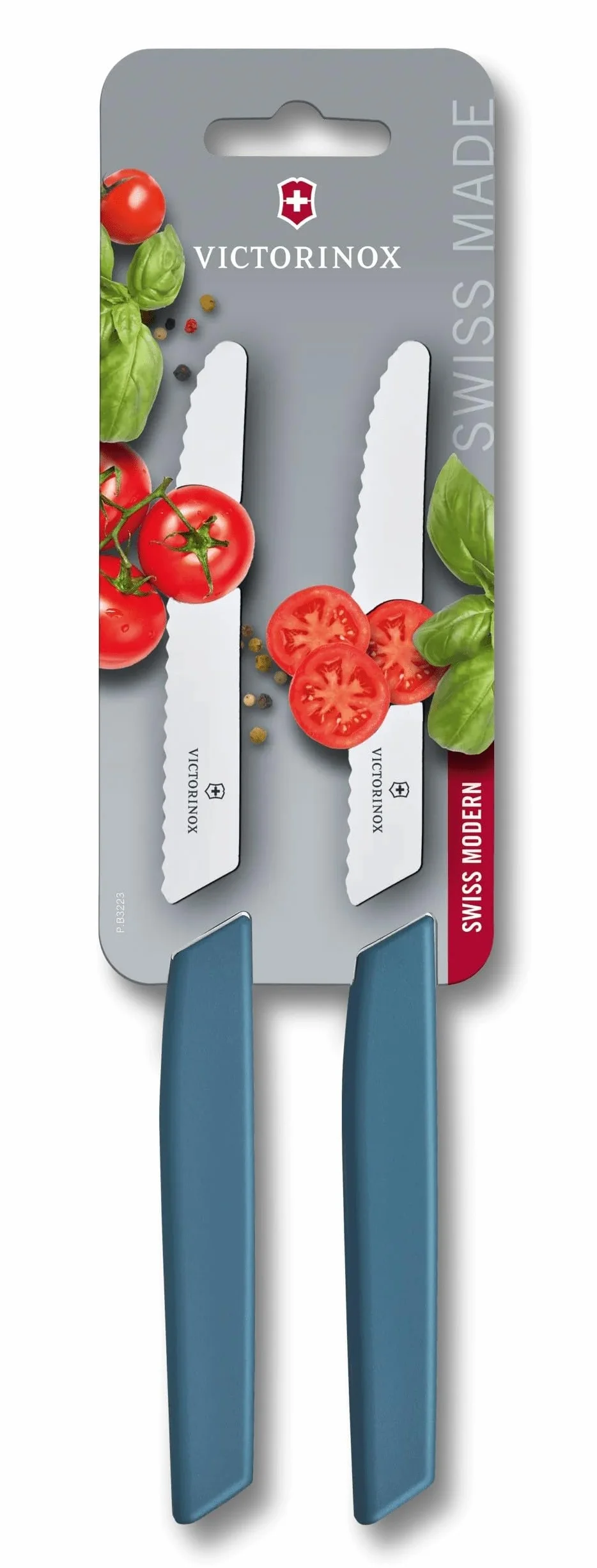 Victorinox, 6.9006.11W2B, Swiss Modern, Gemüsemesser-Set, Extra scharfe Klinge, mit Wellenschliff, Robuster Kunststoff-Griff, Kornblumen-Blau, Made in Switzerland, Spülmaschinengeeignet