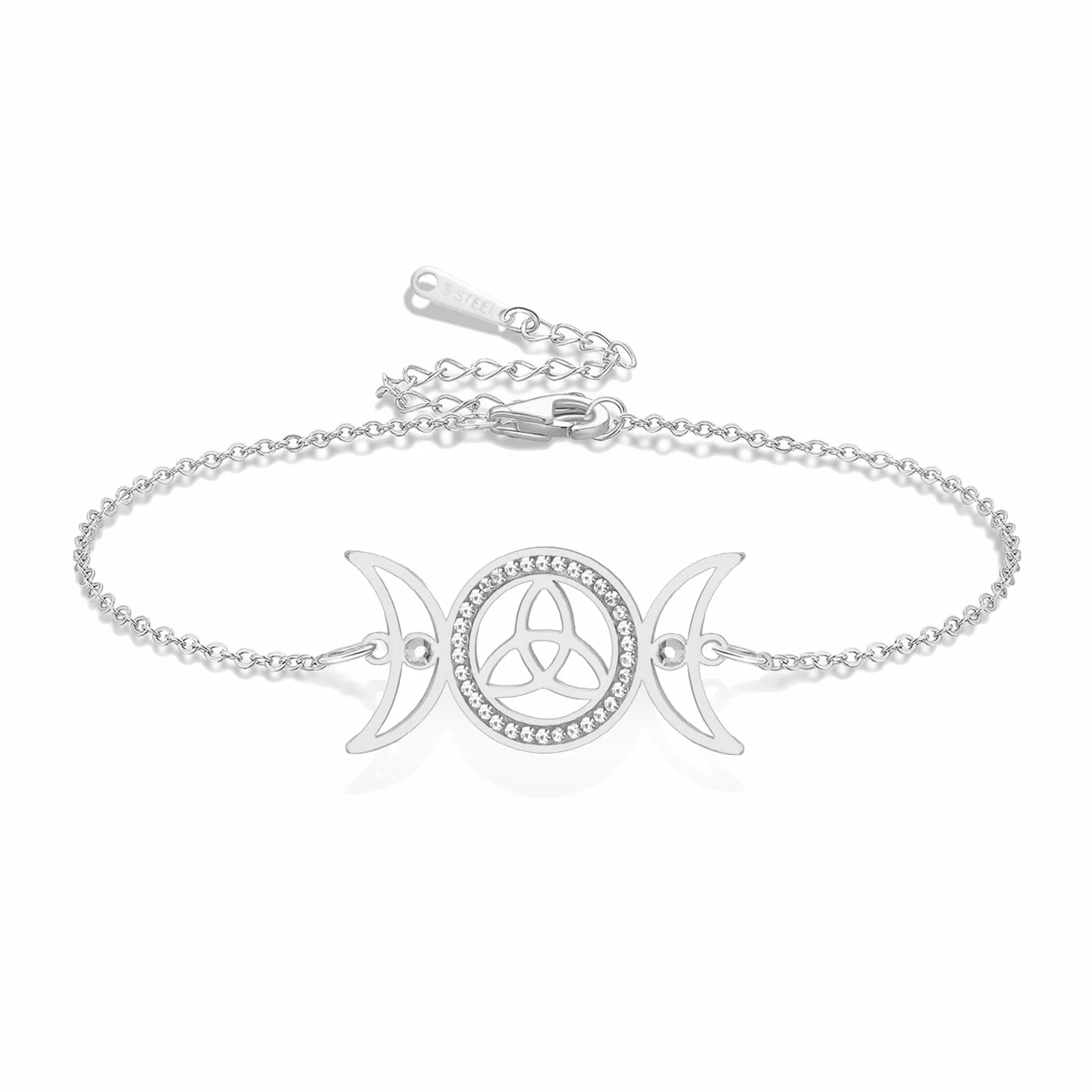 VASSAGO Potrójna bransoletka księżyca, stal nierdzewna, celtycki węzeł, charm, regulowana, warstwowa, wicca, amulet, irlandzka biżuteria dla kobiet