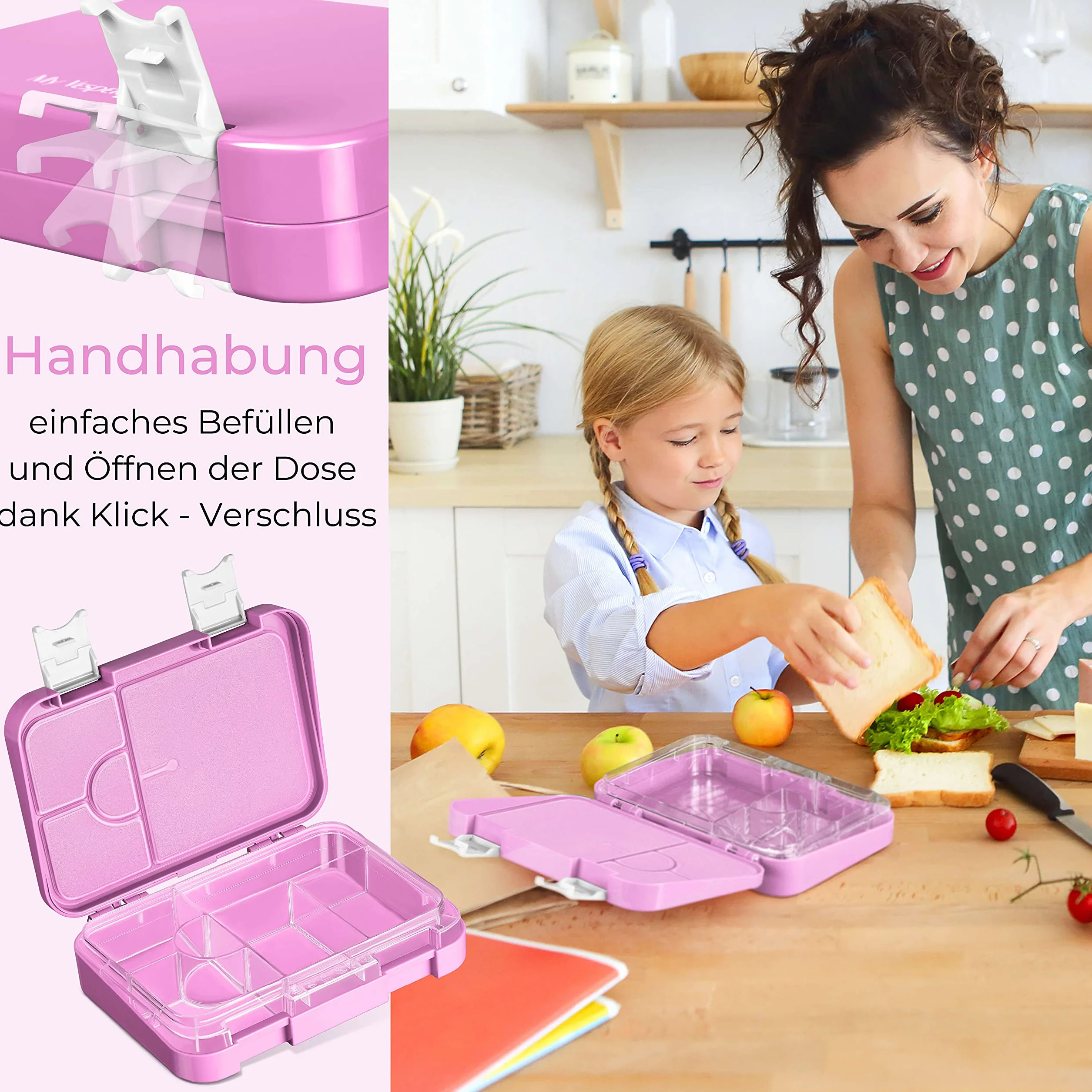 My Vesperbox Len Bento Box pudełko na lunch dla dzieci, 4 + 2 przegródki, bardzo wytrzymałe pudełko na kanapki, idealne do przedszkola i szkoły (różowy, tęcza)