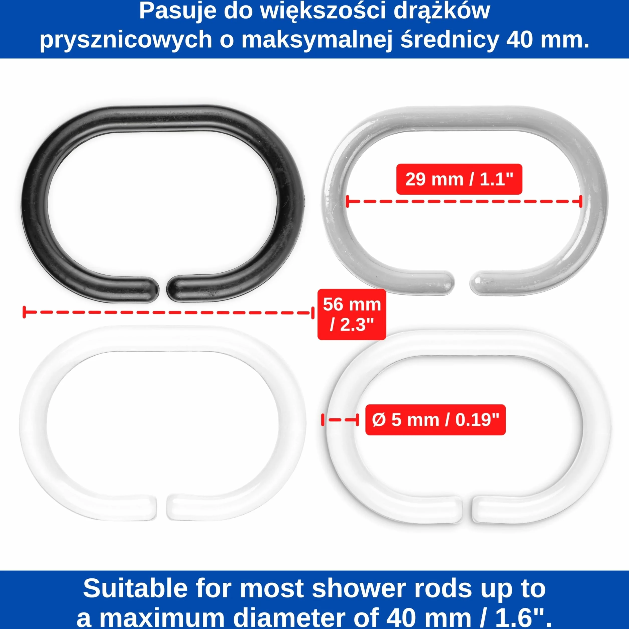 Pierścienie na Zasłonę Prysznicową, 12 sztuk, przezroczyste, Ø 46 x 29 mm wewnątrz, do drążków prysznicowych, przezroczyste pierścienie na zasłonę prysznicową, haczyk prysznicowy C-ring łazienka