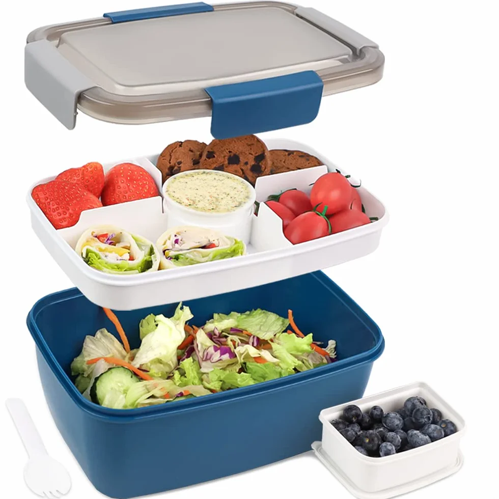 Bugucat Bento Box Pudełko na Lunch 2000 ML z 4 Przegródkami, Pojemnik na Sałatkę z Dressingiem, Wbudowana Łyżka