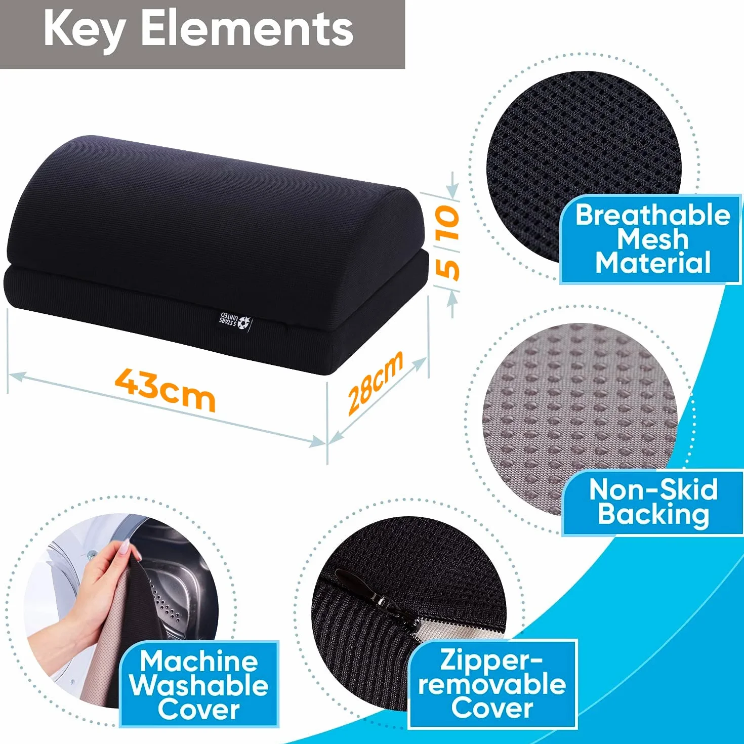 5 STAR UNITED Regulowany podnóżek pod biurko – Ergonomiczna poduszka z pianki memory z antypoślizgową podstawą, idealna do domu i biura – Czarny