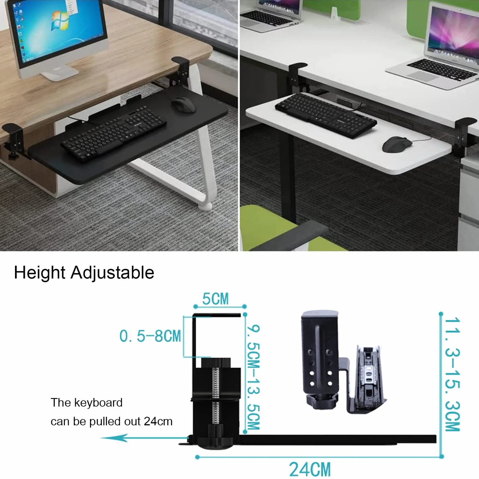 Bardzo szeroka półka na klawiaturę 520/650/750x250 mm — wysuwana platforma pod klawiaturę pod biurkiem, pasuje do pełnowymiarowej klawiatury i myszy, ergonomiczne przedłużenie biurka Wsporni