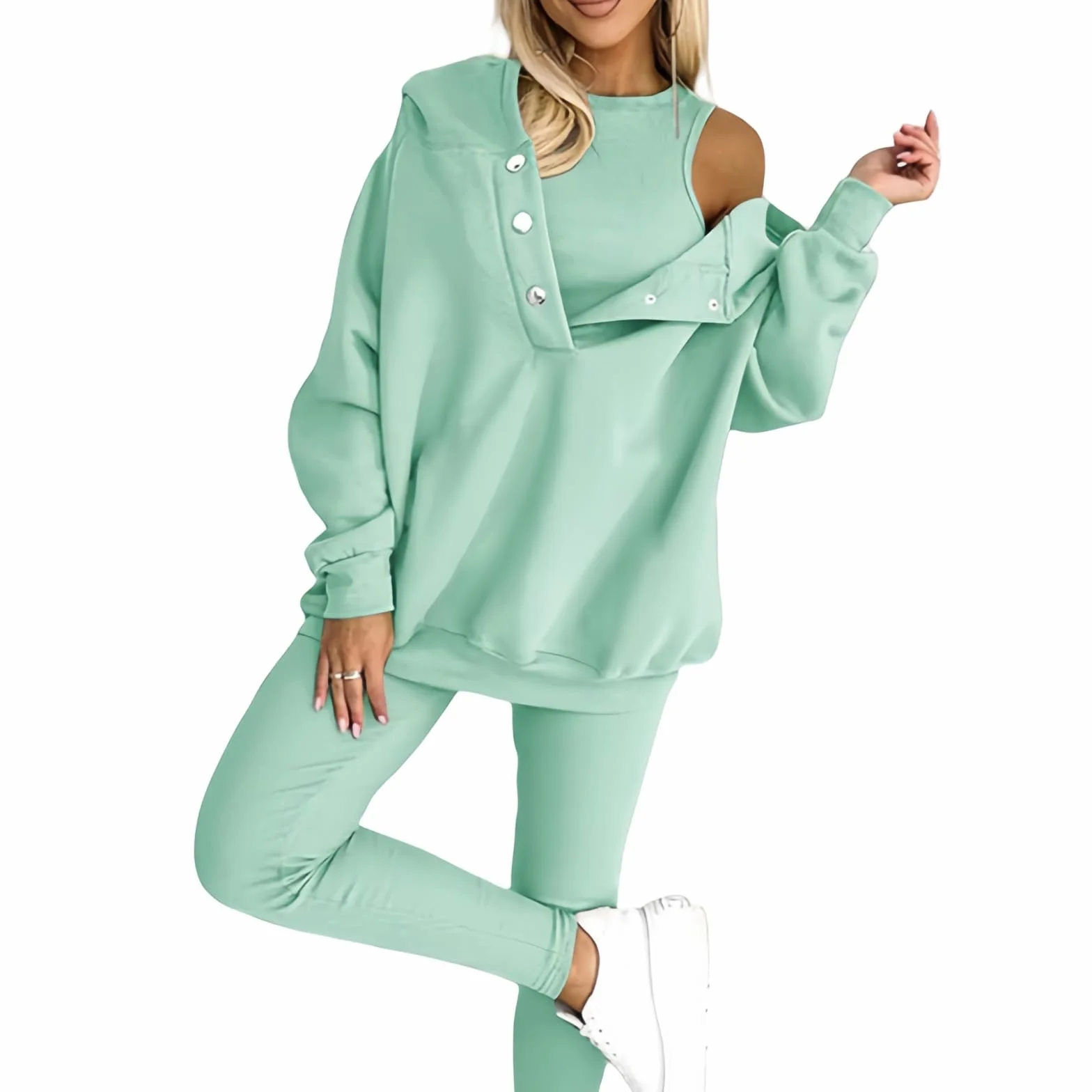 Calmlily 3-częściowy zestaw z kapturem dla kobiet, solidna bluza z kapturem oversize na guziki, 3-częściowe zestawy bluzy z kapturem oversize dla kobiet, zestawy treningowe
