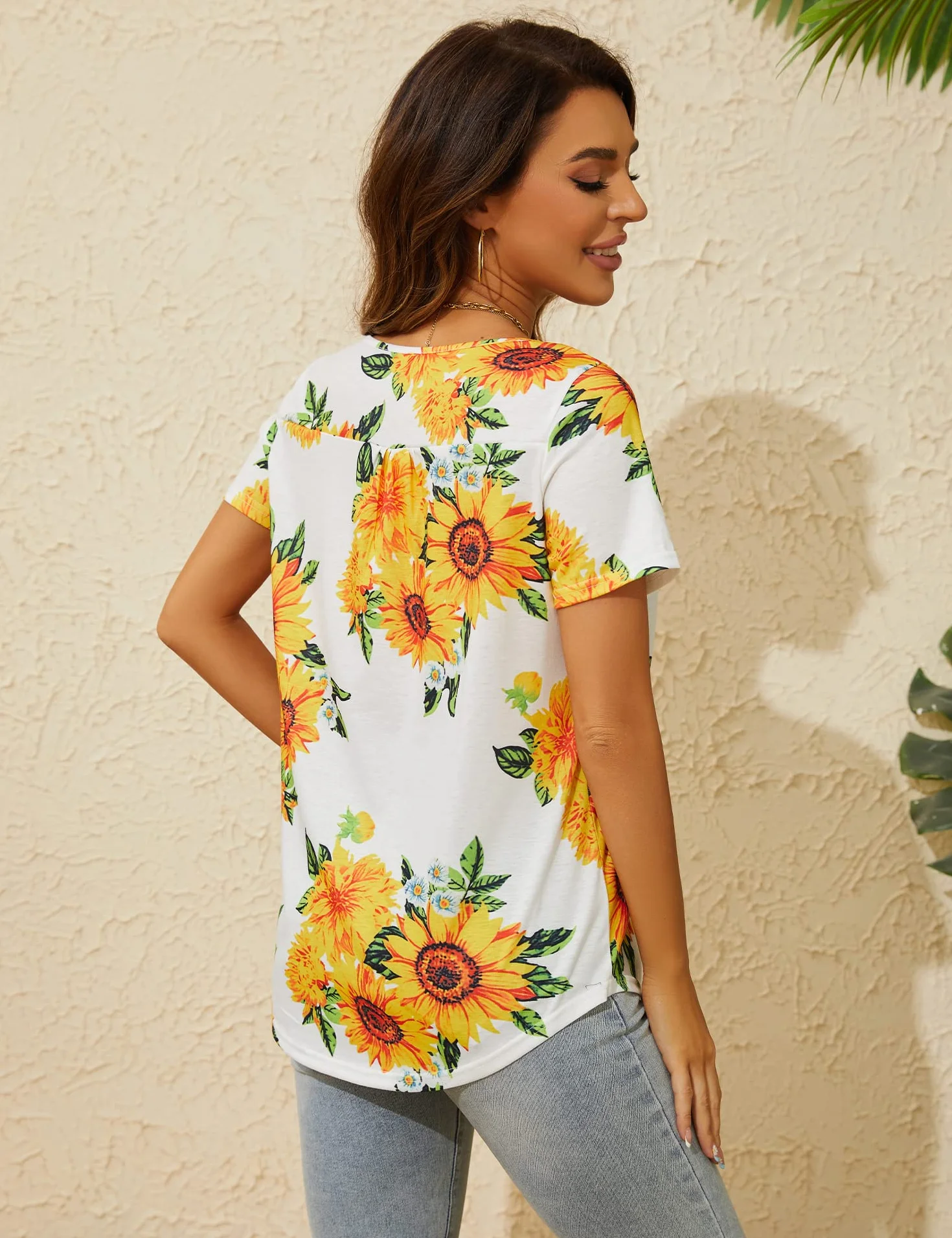 ANGGREK Kwiatowa tunika, damska letnia bluzka z krótkim rękawem, luźna, okrągły dekolt, plisowana listwa guzikowa, Henley Top, elegancka koszula, S-2XL