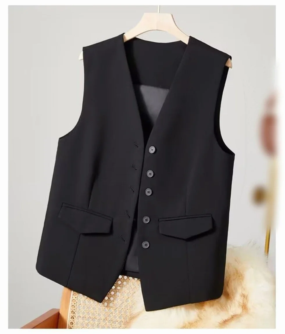 Damska kamizelka bez rękawów Blazer, elegancka smukła biurowa kamizelka płaszcz Retro Party kamizelka, V-hals kamizelka, czarny, XL