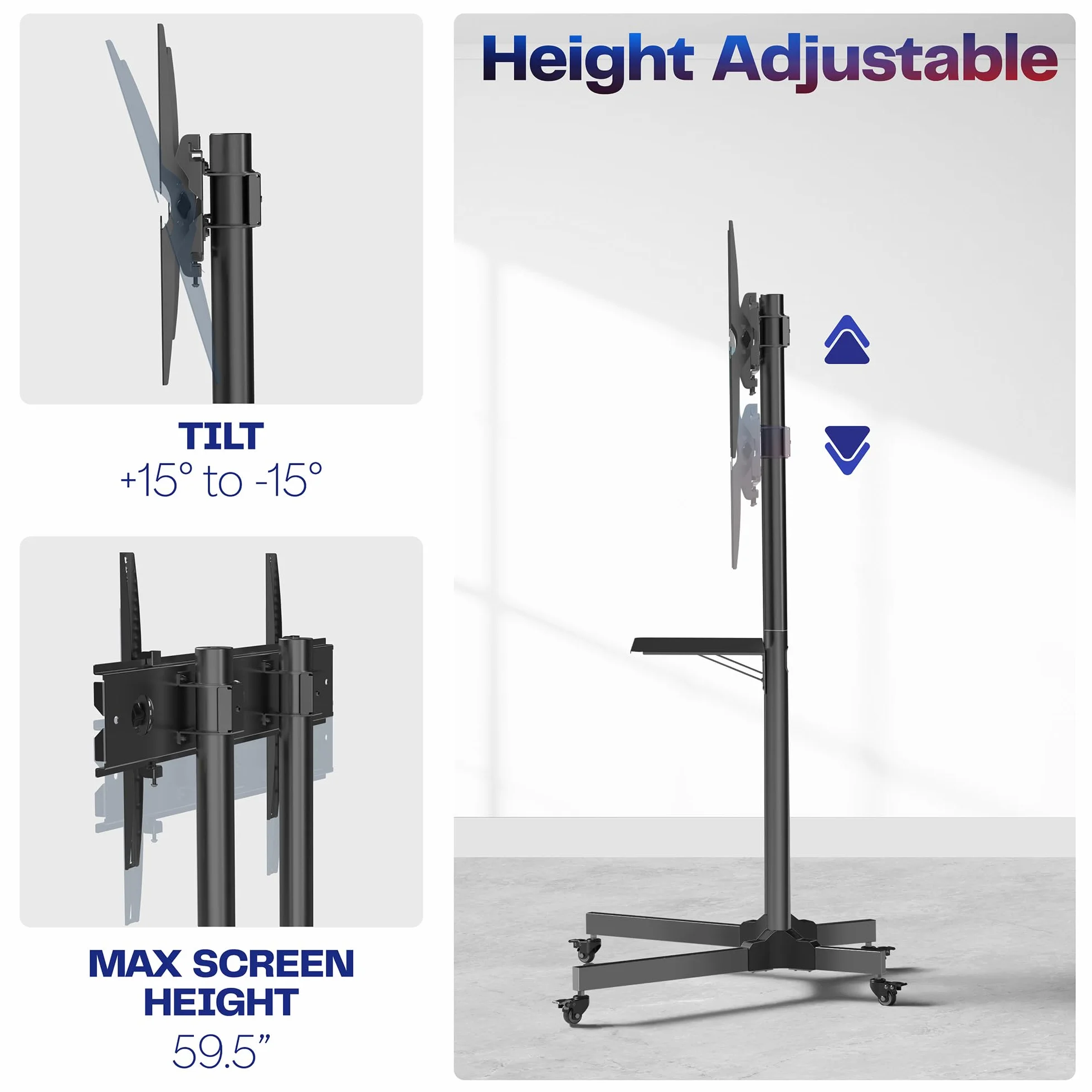 VIVO STAND-TV03E mobilny wózek na telewizor o przekątnej od 32 do 210.8 cm do 50 kg, LCD LED OLED 4K Smart Flat i zakrzywione panele, stojak na kółkach z półką na laptopa DVD, kółka blokujące, Max
