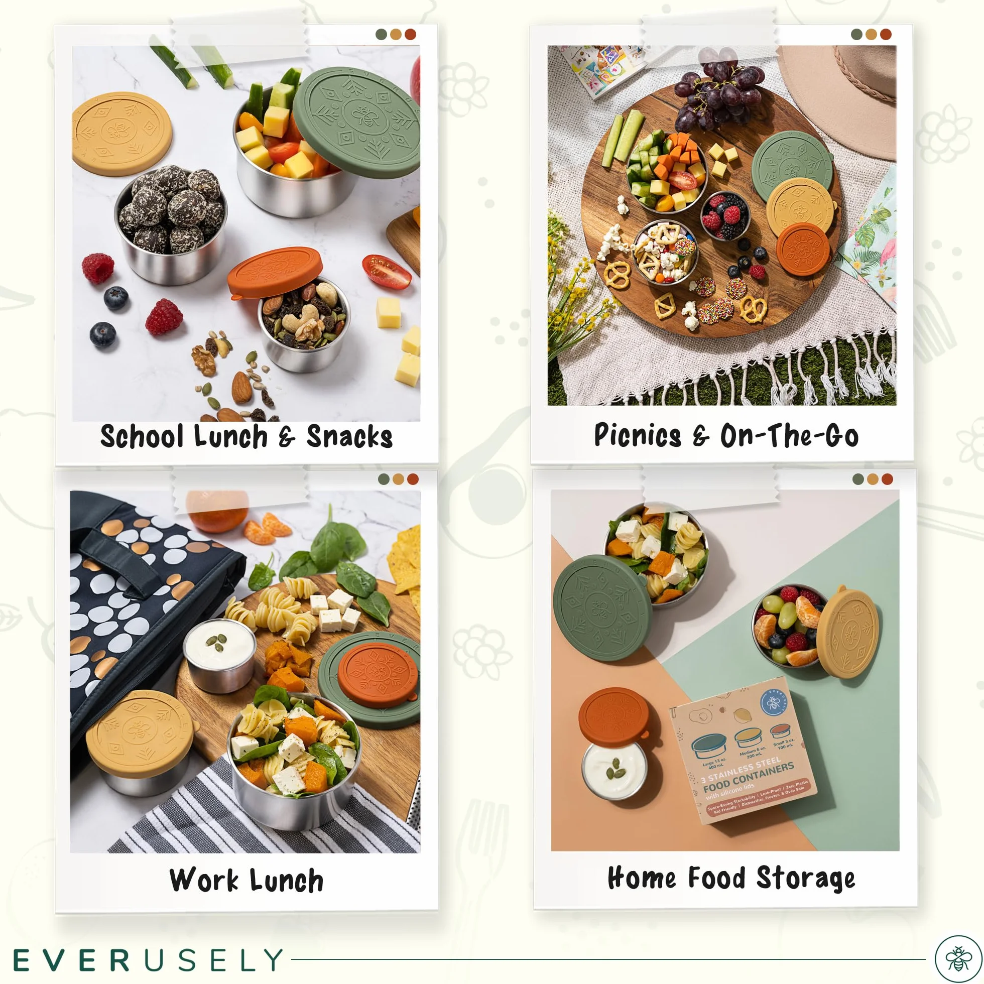Everusely Stainless Steel Food Containers 3 Pack Leakproof Metal Lunch Box