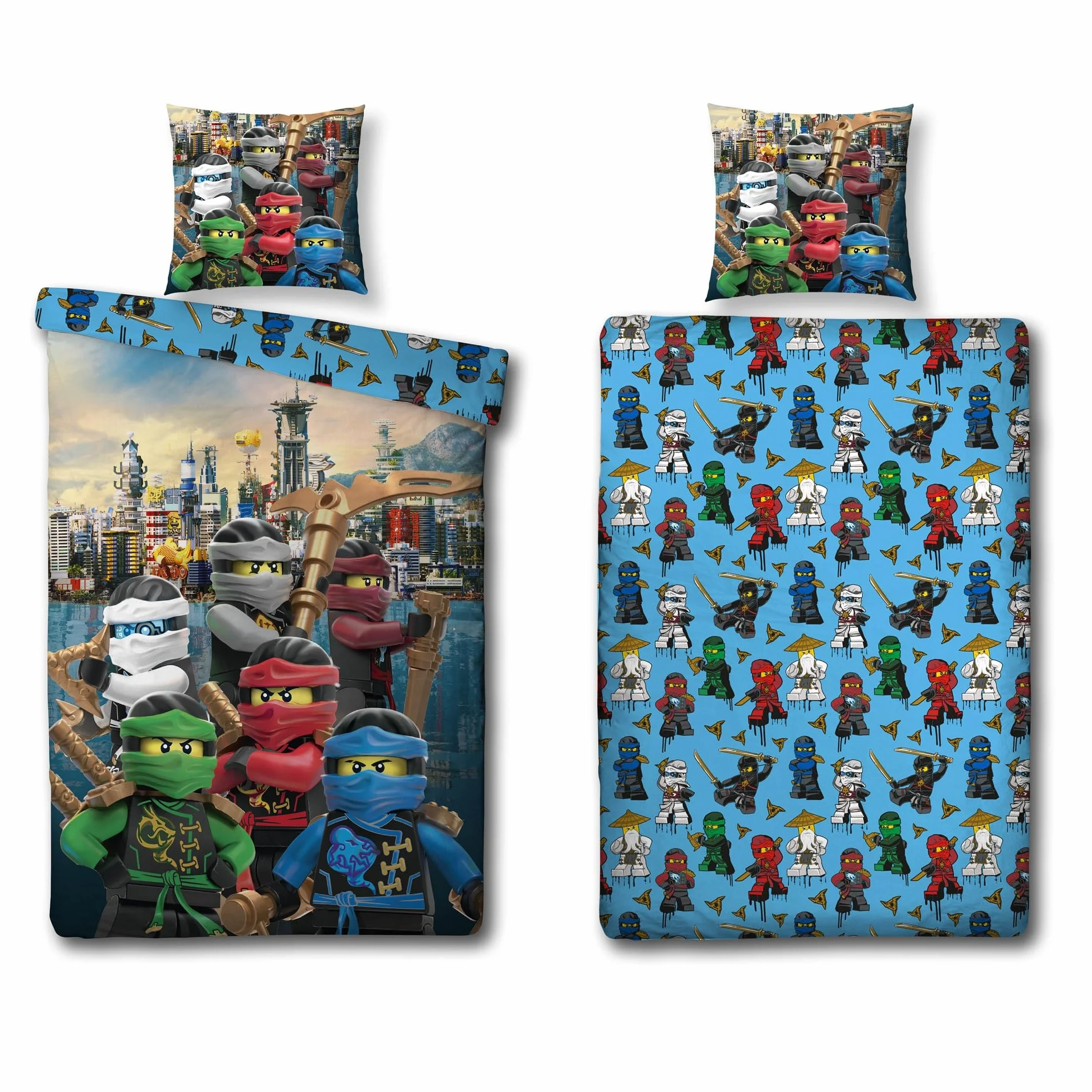 Lego Ninjago komplet pościeli dla chłopców 135x200 80x80 cm 100% bawełny zamek błyskawiczny motyw Assemble