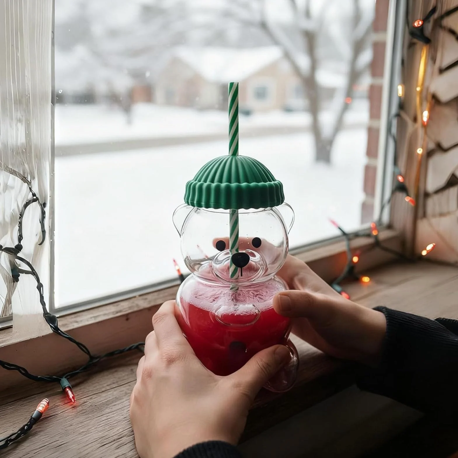 Ejoyous Kubek ze słomką Bear, 590 Ml Szkło Bear z pokrywką i przezroczystą słomką do Kawy, Mleka, Herbaty i Napojów