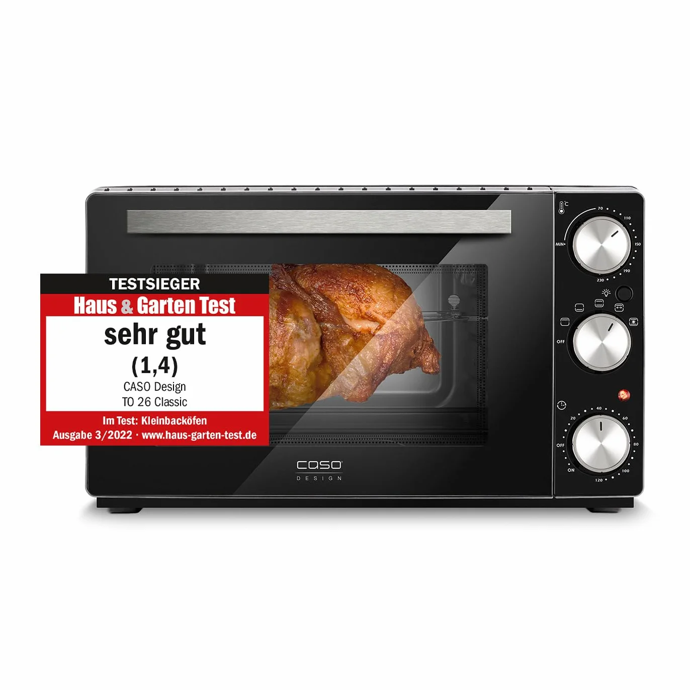 CASO TO 26 Classic – designerski piekarnik, pojemność 26 l, 3 wkładki, 70-230 °C, w zestawie kamień do pizzy, 5-stopniowa funkcja: gorące powietrze, obrotowy rożen z silnikiem, grzałka górna, grzałka