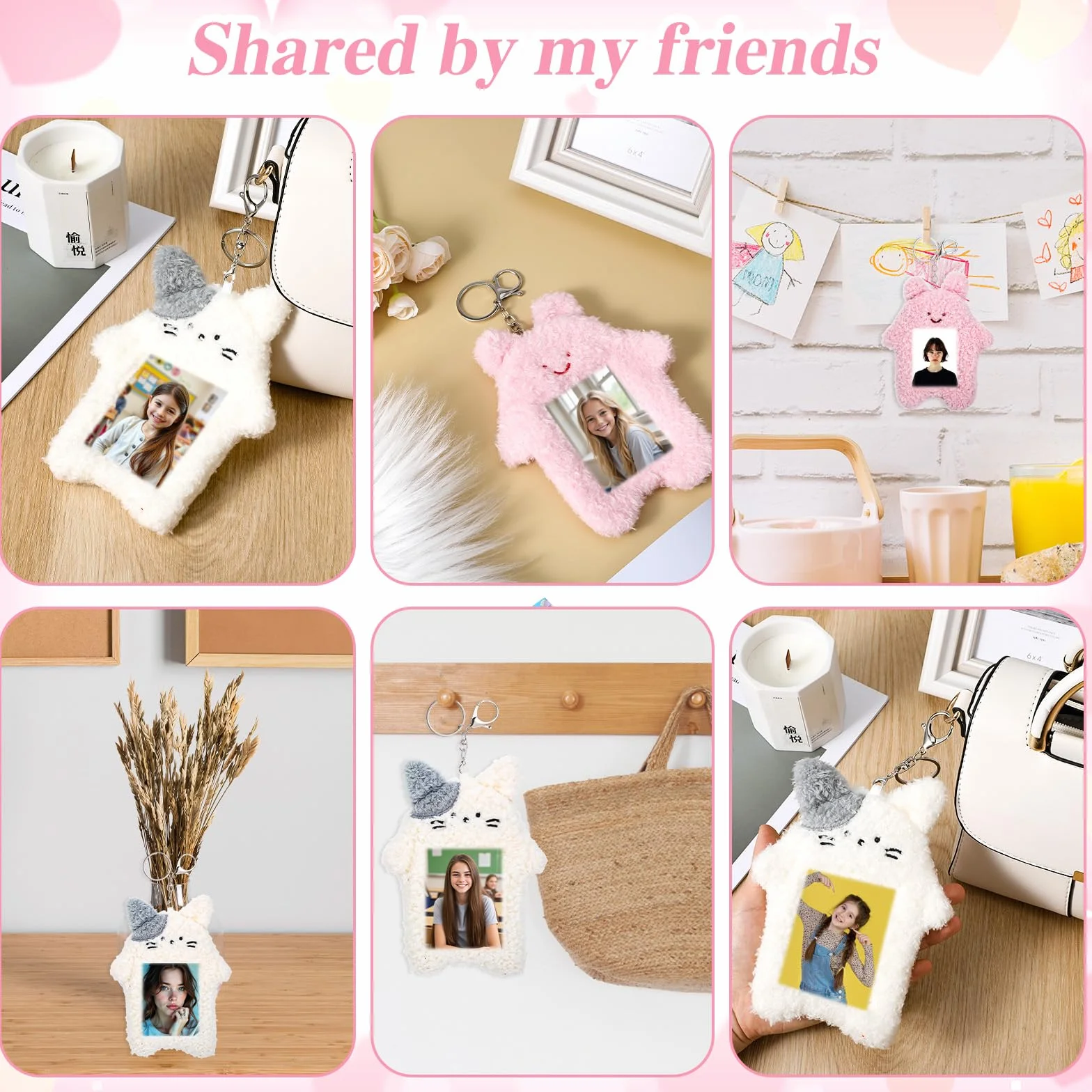 oruola Zestaw 2 pluszowych etui na karty fotograficzne, pluszowe etui na karty z brelokiem, uchwyt na zdjęcia dla dziewczynek, etuis na kartys Kawaii z białym kotem i różowym króliczkiem