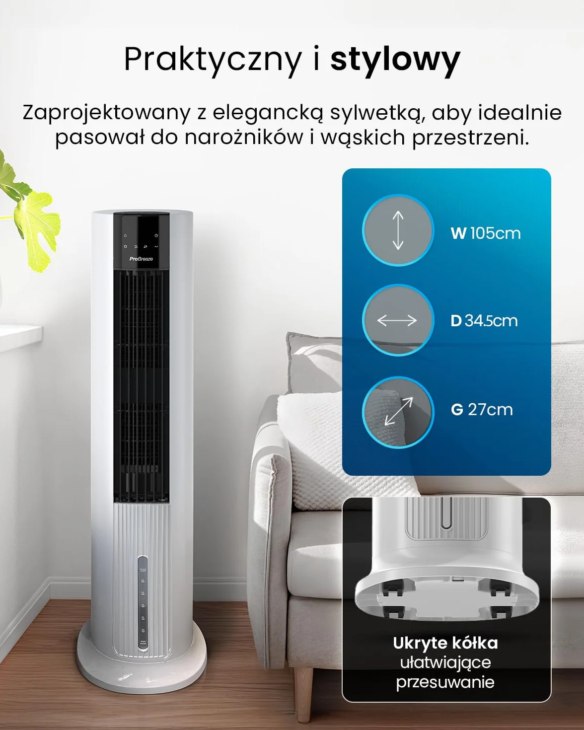 Pro Breeze OmniAir 7L 4w1 przenośny wentylator wieżowy z nawilżaczem, pilotem, oscylacją, 10-godzinnym timerem i trybem uśpienia