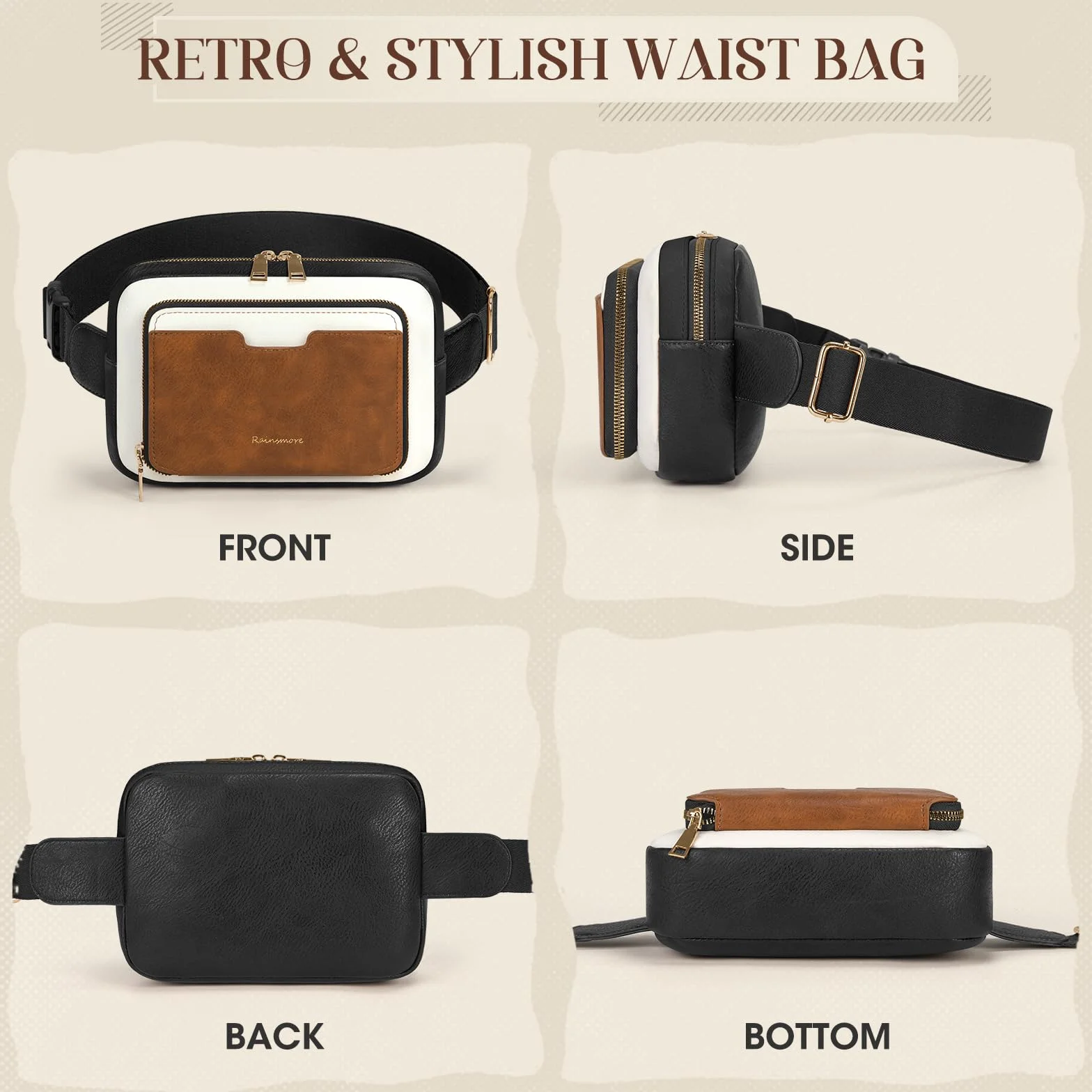 RAINSMORE Fanny Pack dla kobiet, skórzany pasek torba wodoodporna, Czarny Brązowy Biały, Kobiety