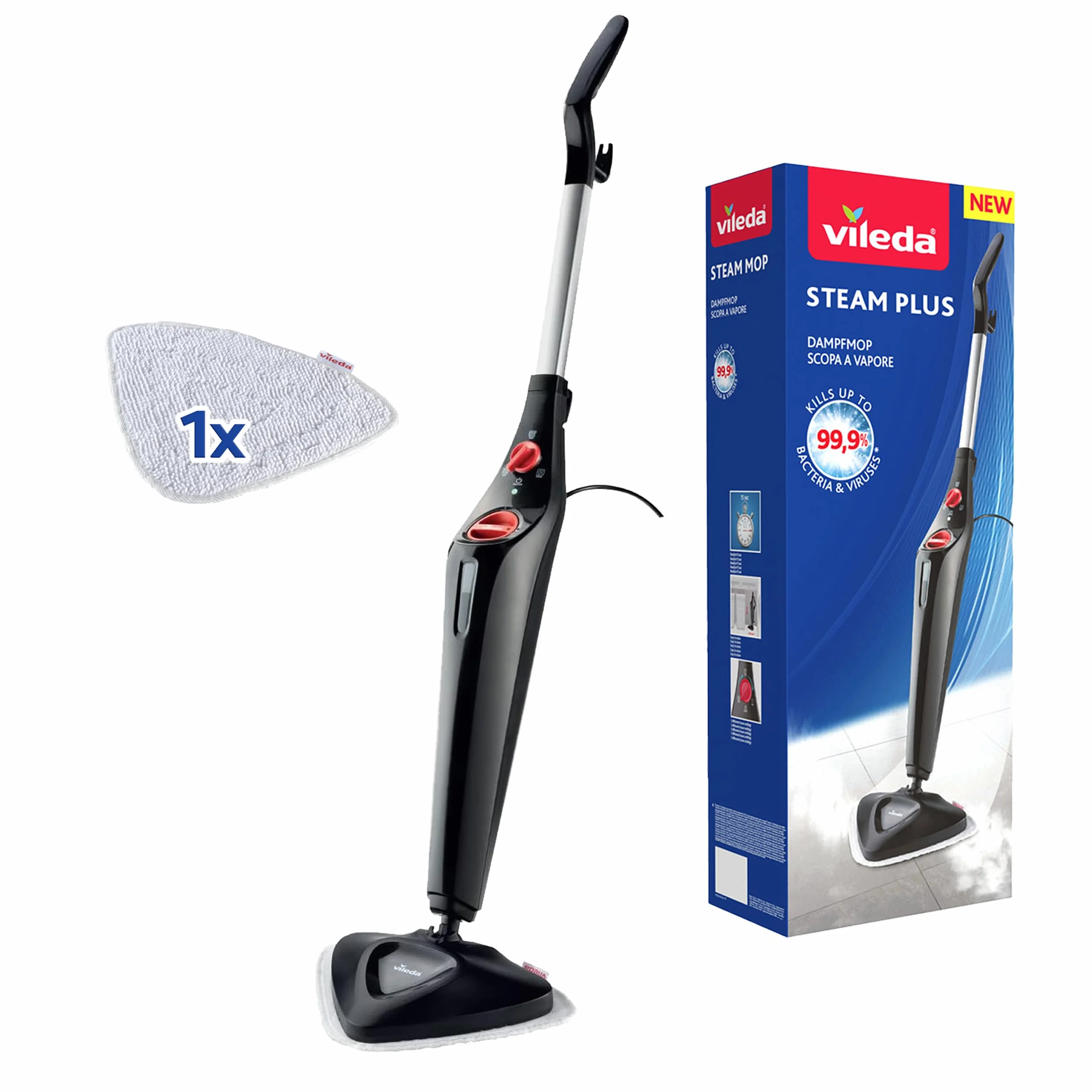Vileda Steam Plus mop parowy z dodatkowym wkładem | zabija nawet do 99,9% bakterii i wirusów | Czyści szybko i skutecznie