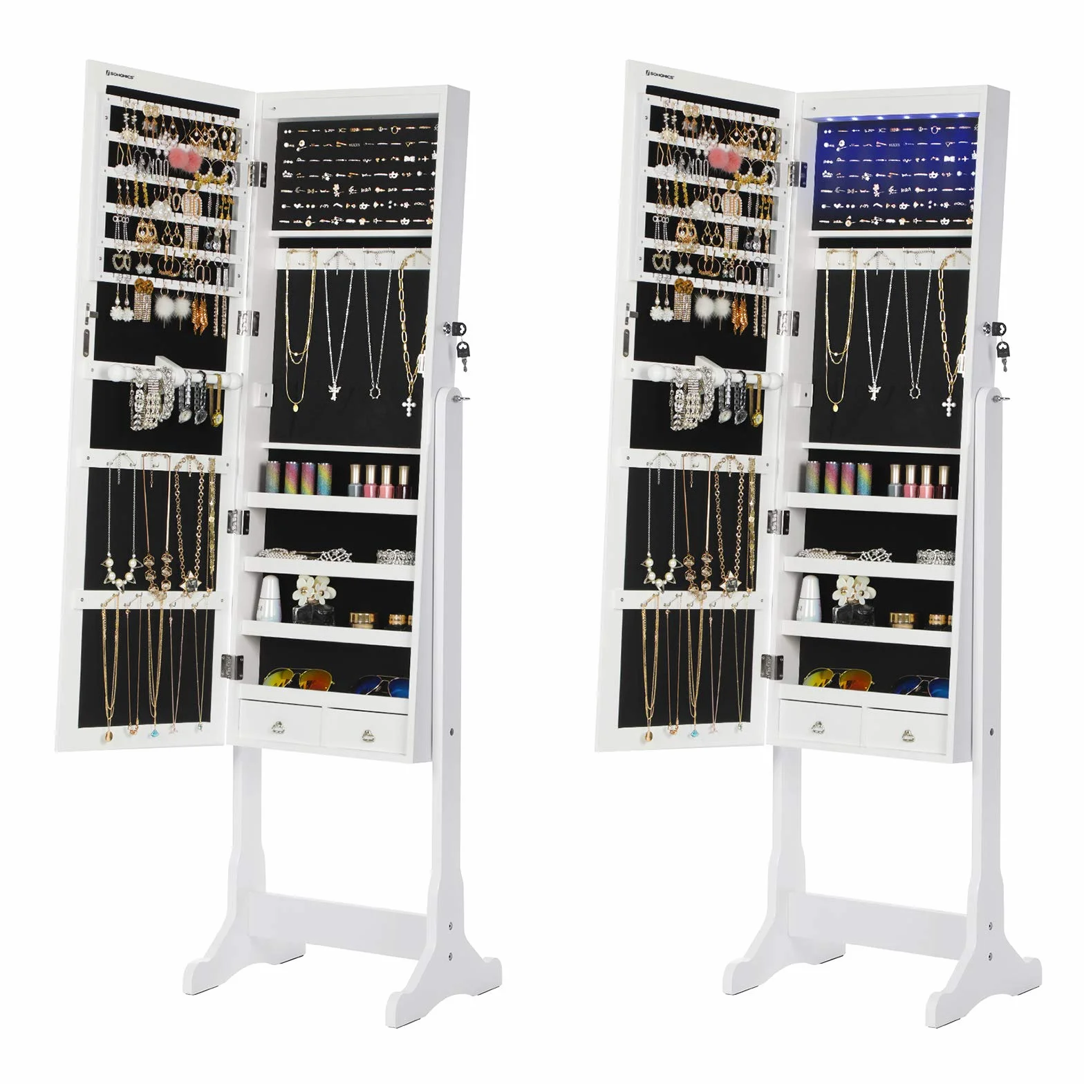 SONGMICS JBC94W oświetlenie LED szafka na biżuterię, z lustrem, 4 półki i 2 małe szuflady, zamykana