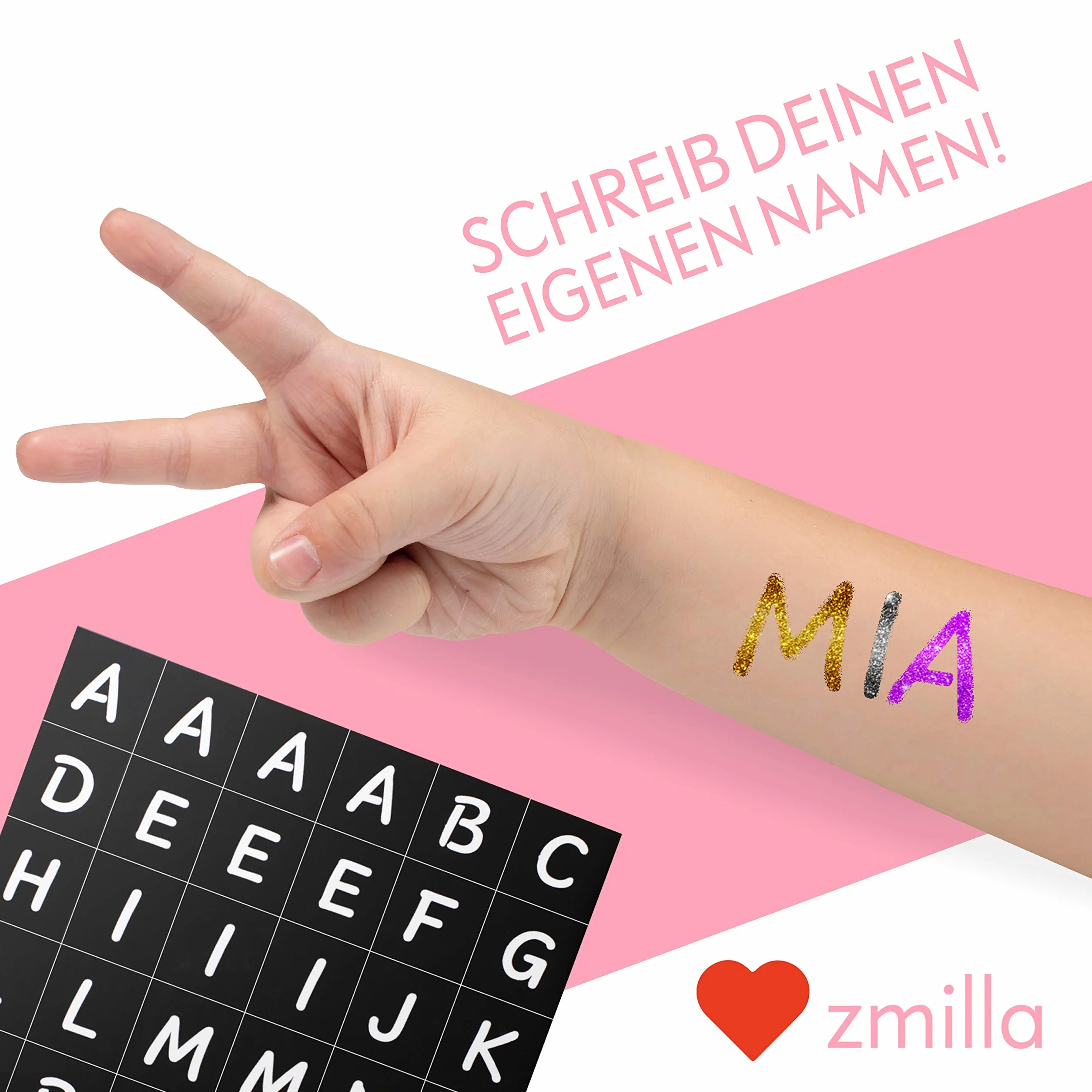 ZMILLA® Zestaw brokatowych tatuaży dla dzieci (4 kolory | 52 szablony) dla dziewczynek – błyszczące tatuaże z bardzo dużymi puszkami (po 3 g) – w zestawie 2 pędzle i klej