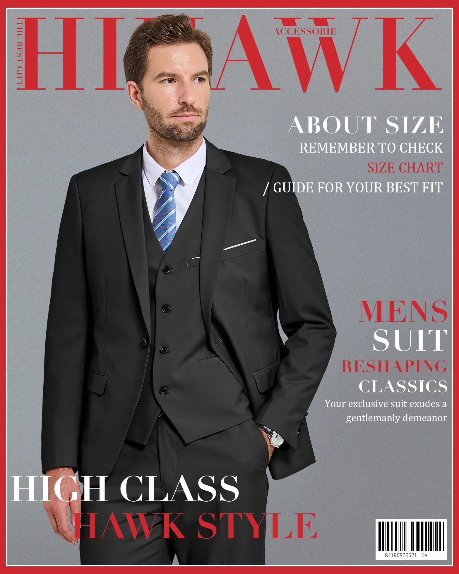 Hihawk Męski 3-częściowy zestaw garniturowy z krawatem, jednokolorowa marynarka slim fit, kamizelka i spodnie, garnitury dla mężczyzn, na wesele, przyjęcie, do biznesu