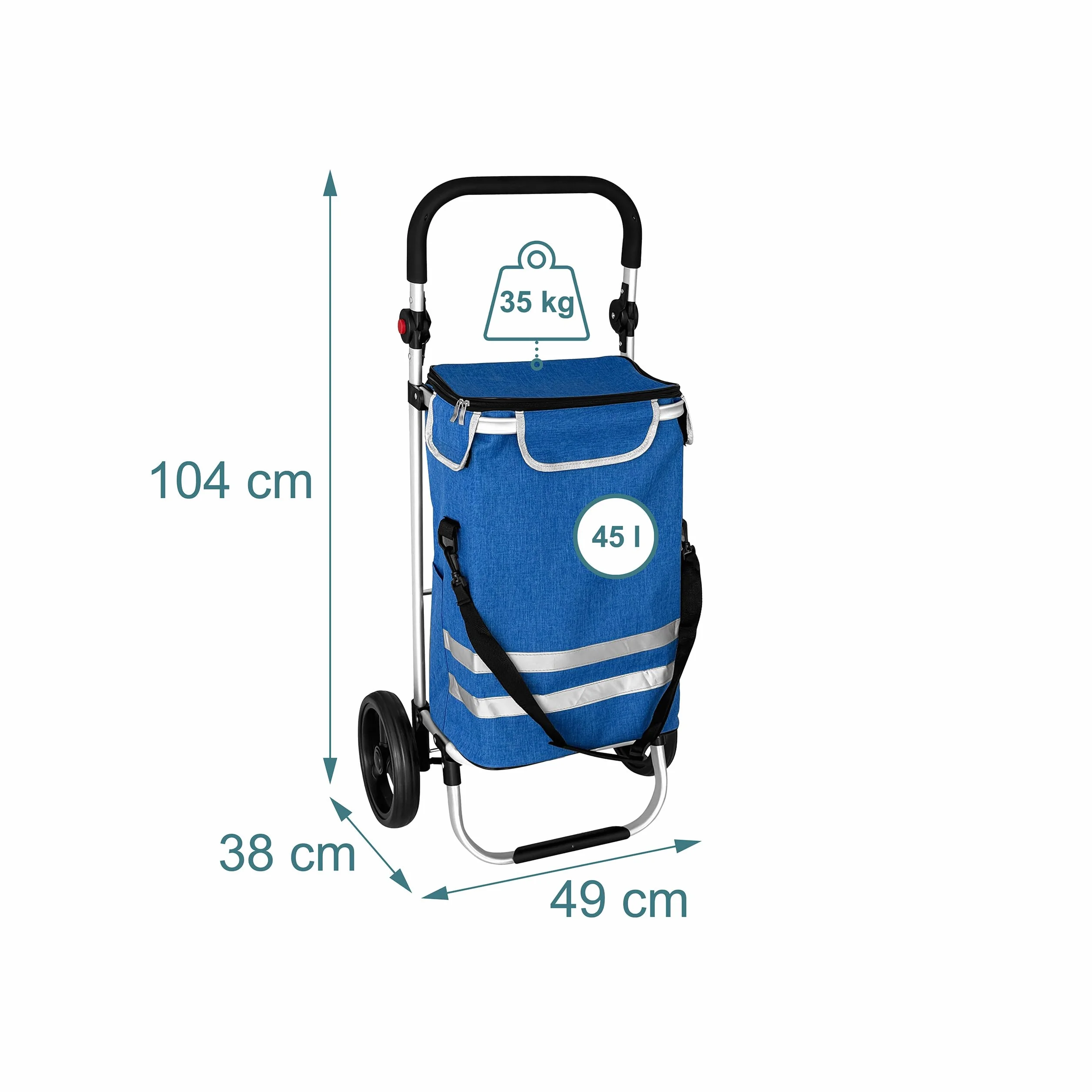 Relaxdays Wózek na zakupy, 2 duże koła, komora chłodząca, zdejmowana torba, 45 l, do 35 kg, składany wózek na zakupy, niebieski