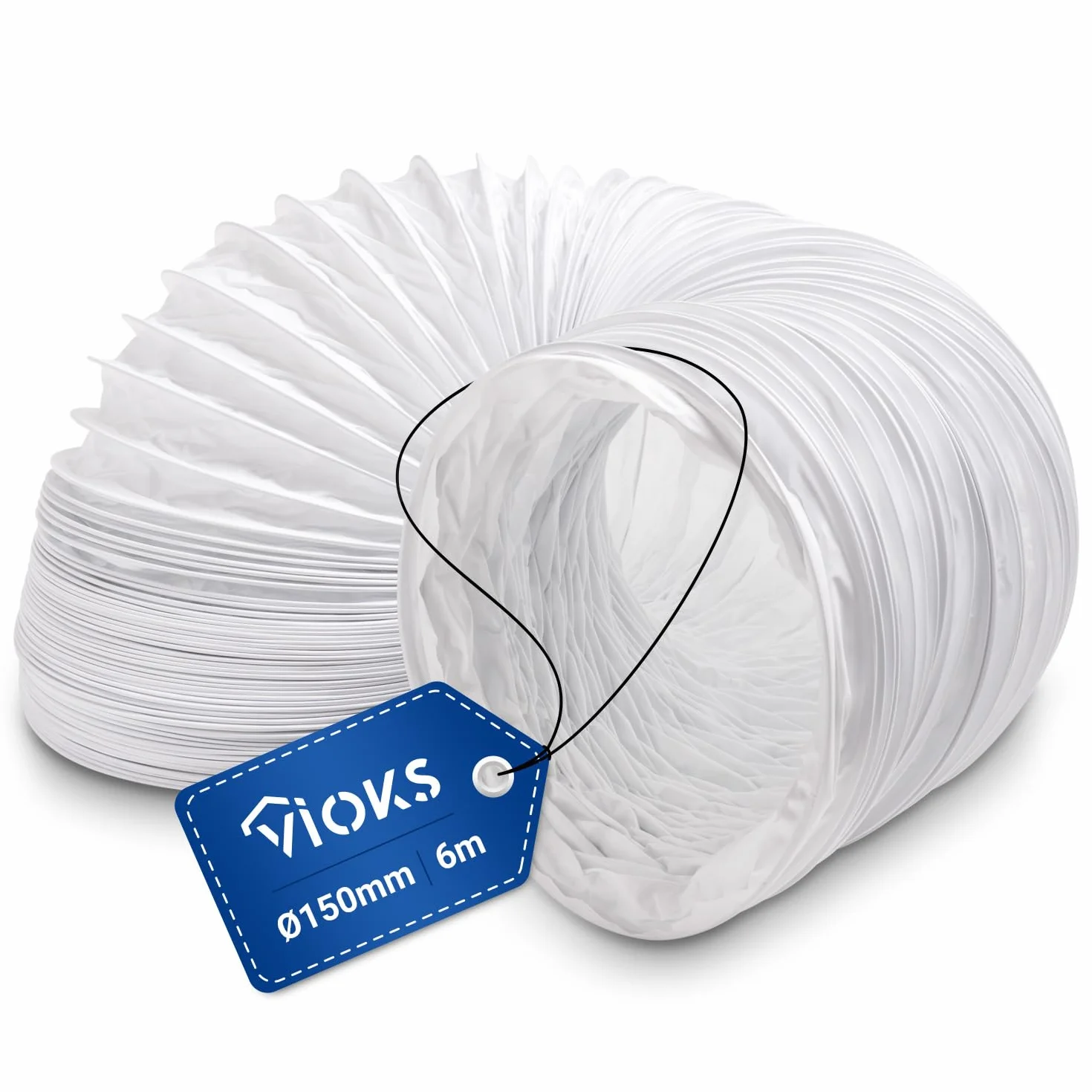 VIOKS Rura wylotowa 150 mm, 6 m, biała, z PCW – wąż powietrza wylotowego, okap kuchenny, wąż wentylacyjny, przedłużacz - wąż elastyczny do systemów prowadzenia powietrza 150