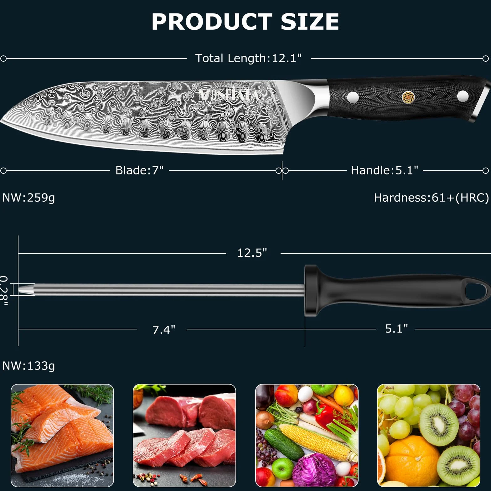 Nóż Santoku damasceński japoński szefa kuchni z ostrzałką, prezent