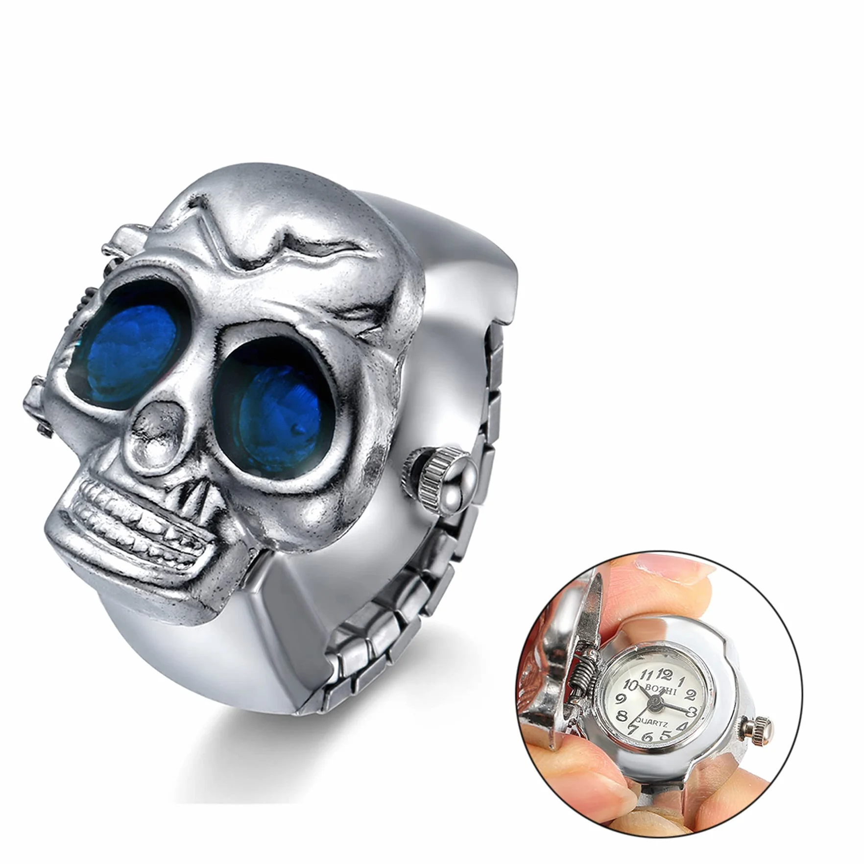 JewelryWe Mężczyźni kobiety zegarek na palec punk czaszka otwierana pokrywa kwarcowy analogowy regulowany pierścień zegarki na Halloween