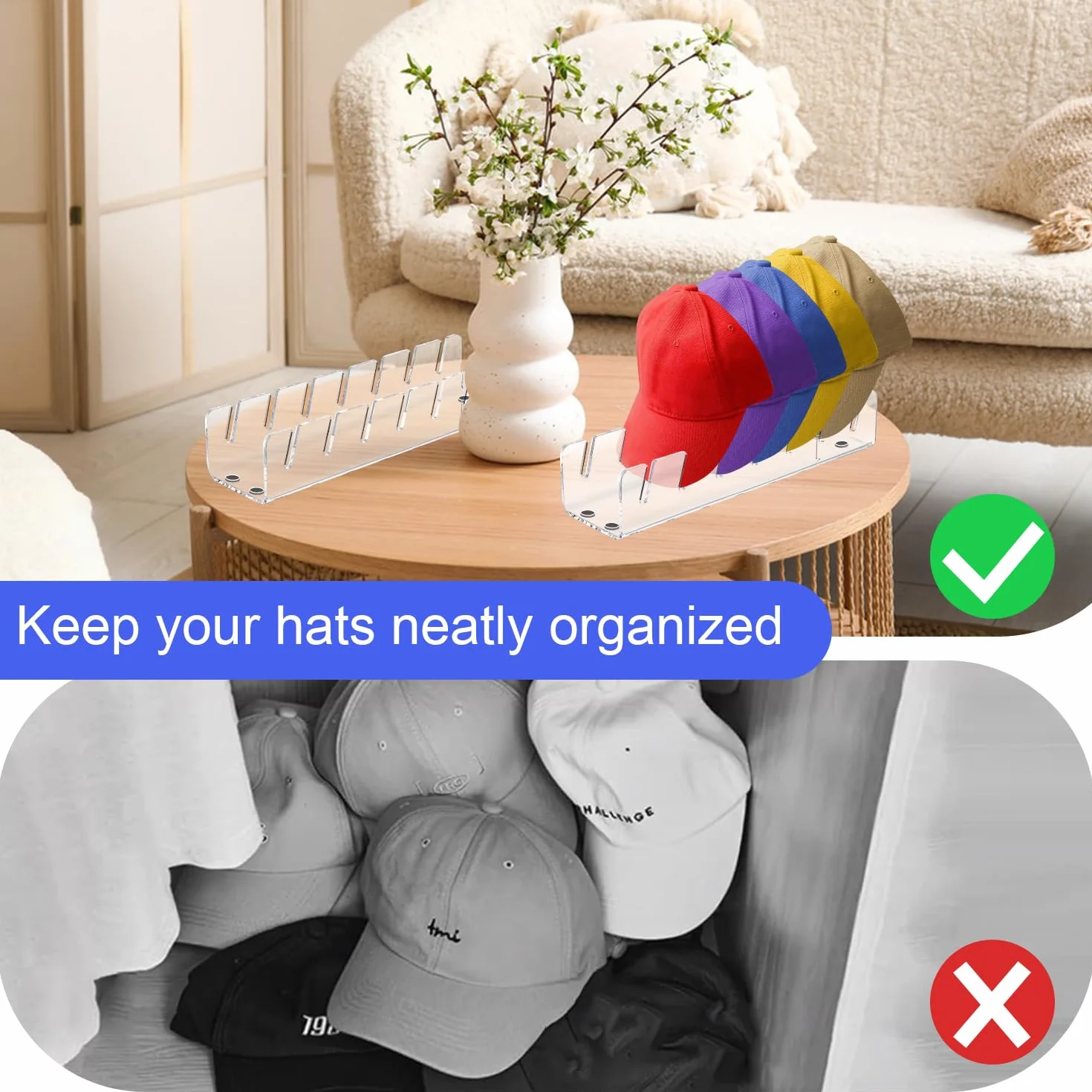 Akrylowy organizer na kapelusze, 2 szt., akrylowy stojak na czapki, zapewnia miejsce na 14 kapeluszy, bez instalacji, organizer do sypialni, szafy, komody, biura