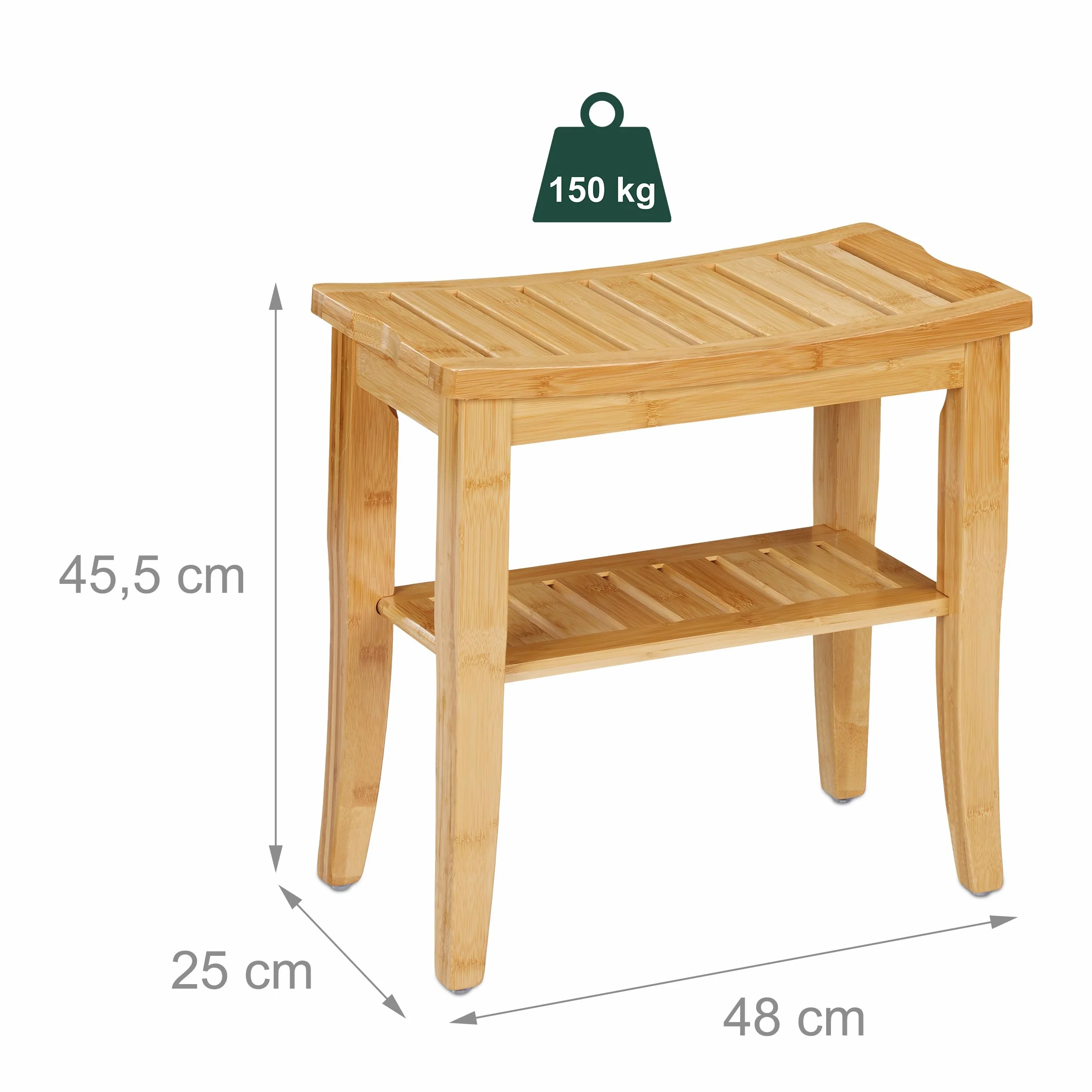 Relaxdays Taboret łazienkowy bambusowy, wys. x szer. x gł.: 45,5 x 48 x 25 cm, nośność: 150 kg, nóżki antypoślizgowe, taboret do siedzenia z półką, naturalny
