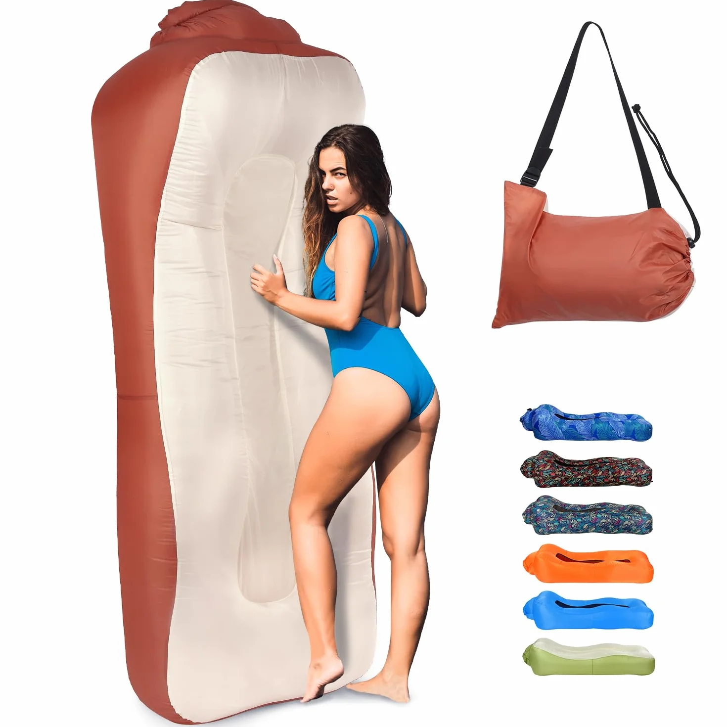 Nadmuchiwana sofa powietrzna, lekka, przenośny, nadmuchiwany leżak z torbą do przenoszenia, wodoodporna, dmuchana sofa kempingowa, na plażę, basen, festiwal muzyczny, czerwony i beżowy