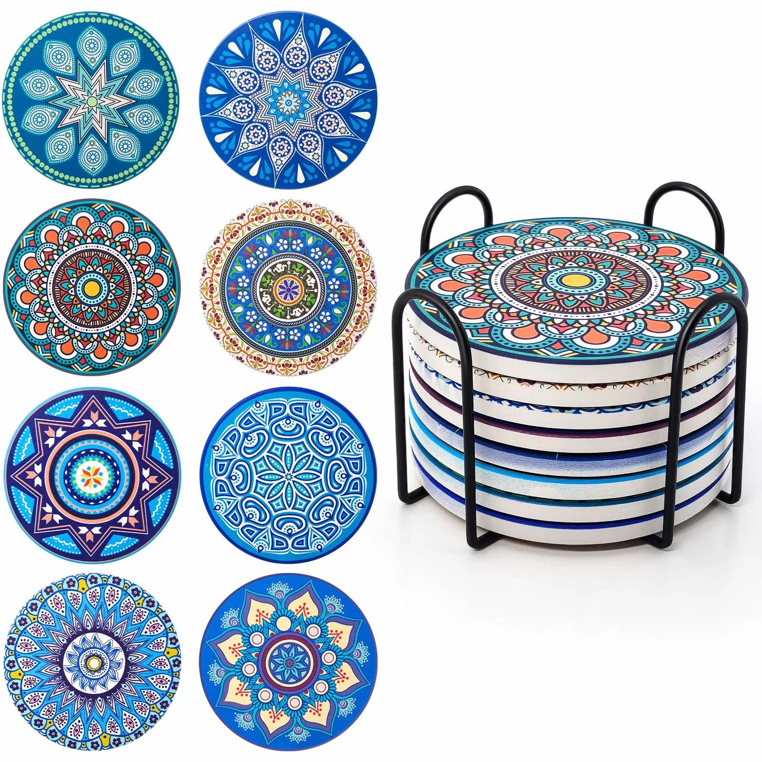 Zestaw 8 podstawek pod napoje, chłonne, ceramiczne, z metalowym uchwytem, 10 cm wzór mandali, wazony, świece, prezent na parapetówkę na urodziny, do kuchni, salonu